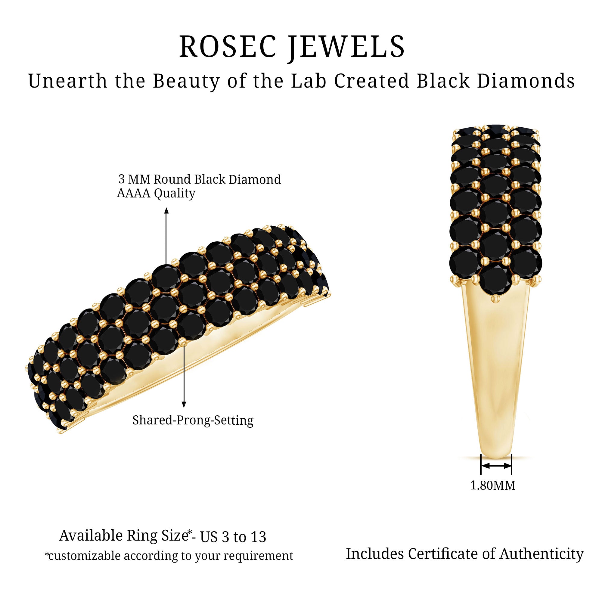 Certified Lab Grown Black Diamond Half Eternity Band Ring for Women AAAA ( Synthetic ) - Rosec Jewels