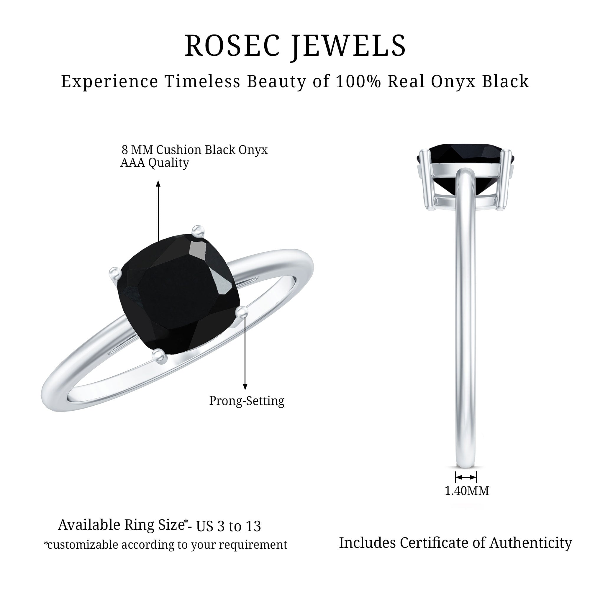 Certified Black Onyx 8MM Cushion Cut Engagement Ring AAA - Rosec Jewels
