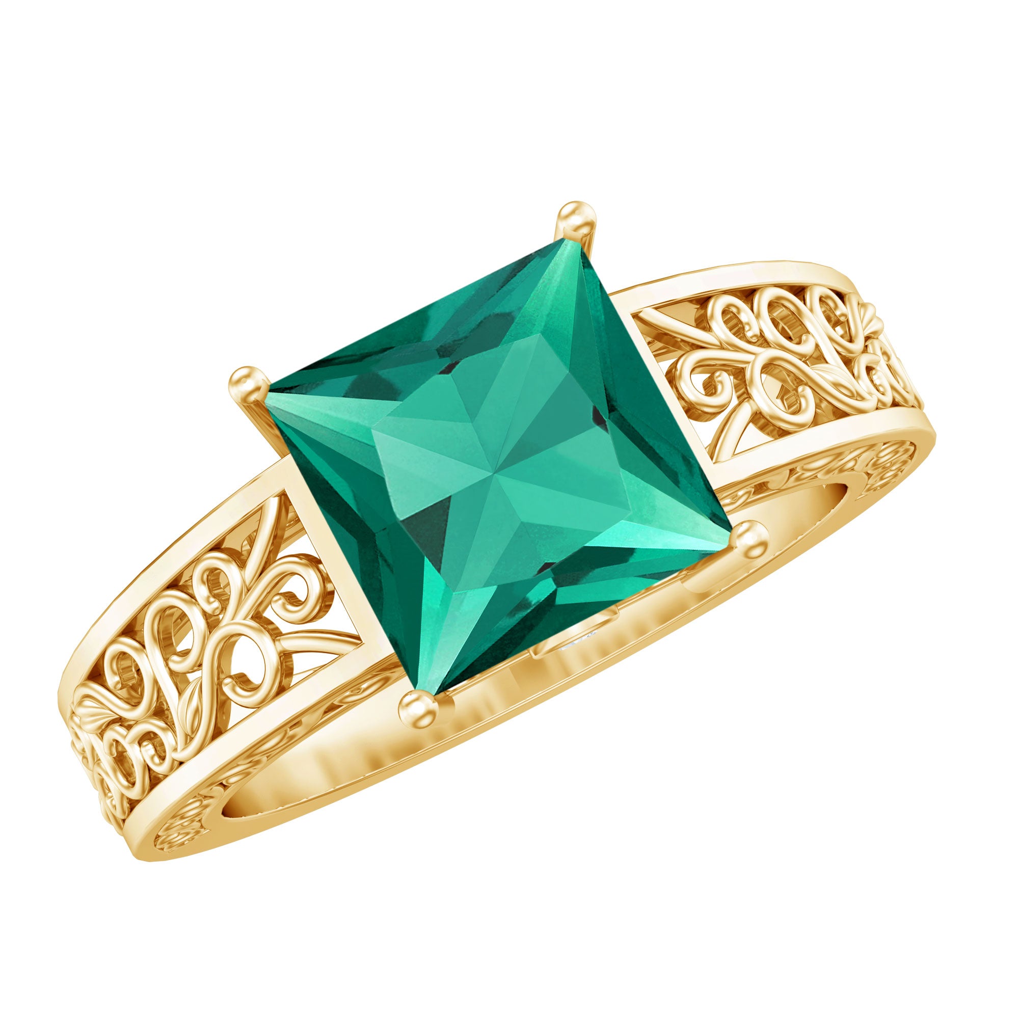 Certified 8 mm Princess Cut Lab Grown Emerald Filigree Engagement Ring AAAA - Rosec Jewels