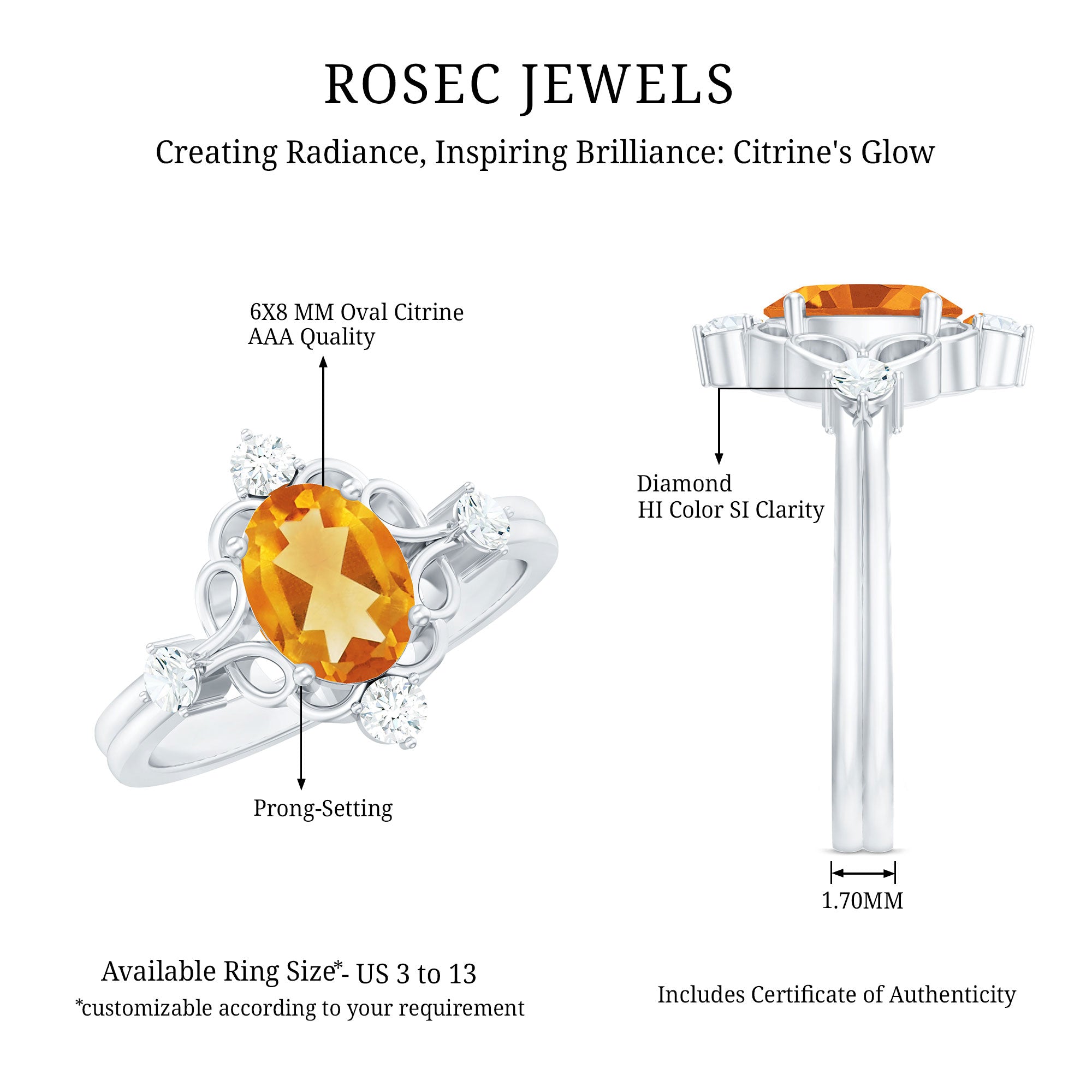 Vintage Style 1 Carat Citrine Oval Engagement Ring with Diamond AAA - Rosec Jewels