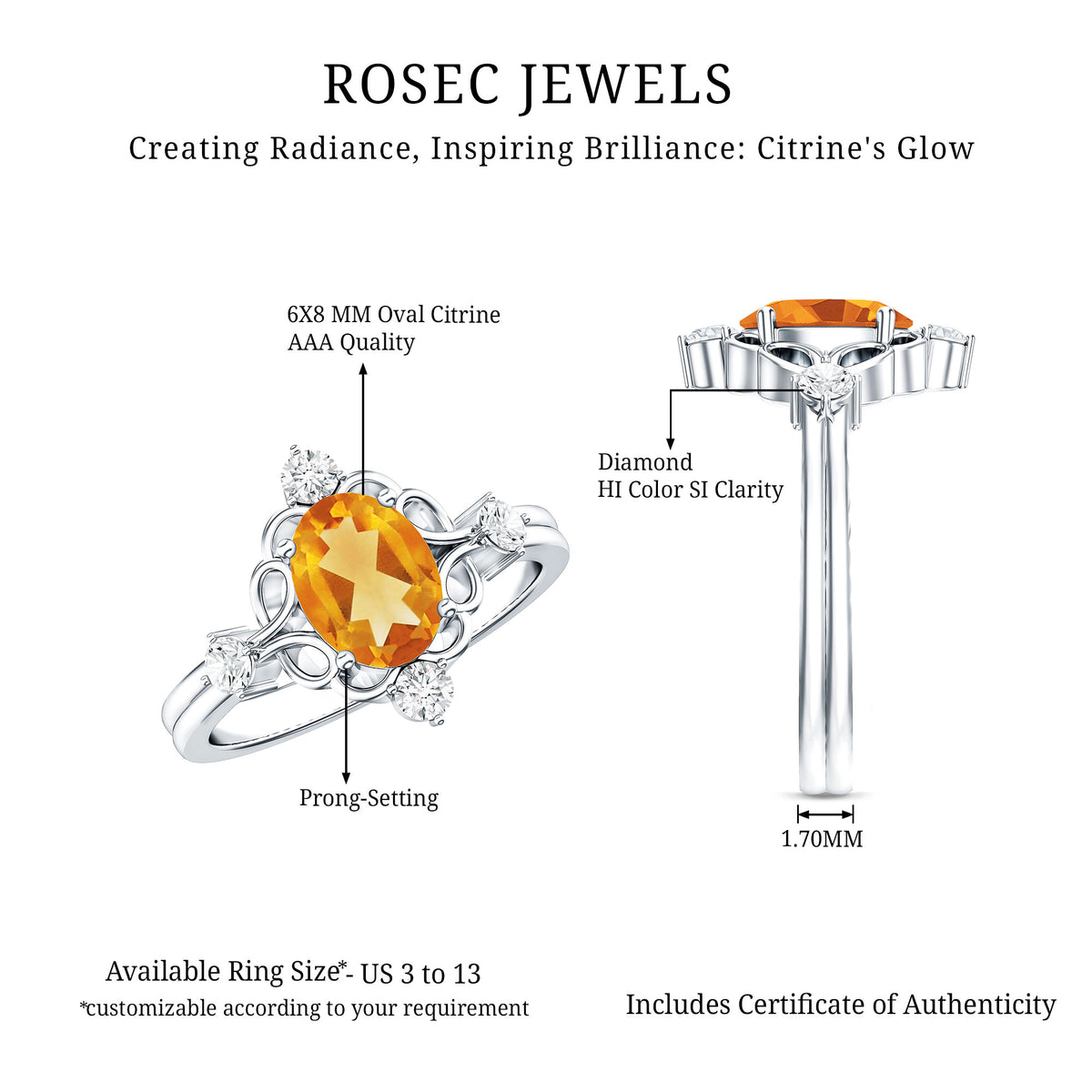 Vintage Style 1 Carat Citrine Oval Engagement Ring with Diamond AAA - Rosec Jewels