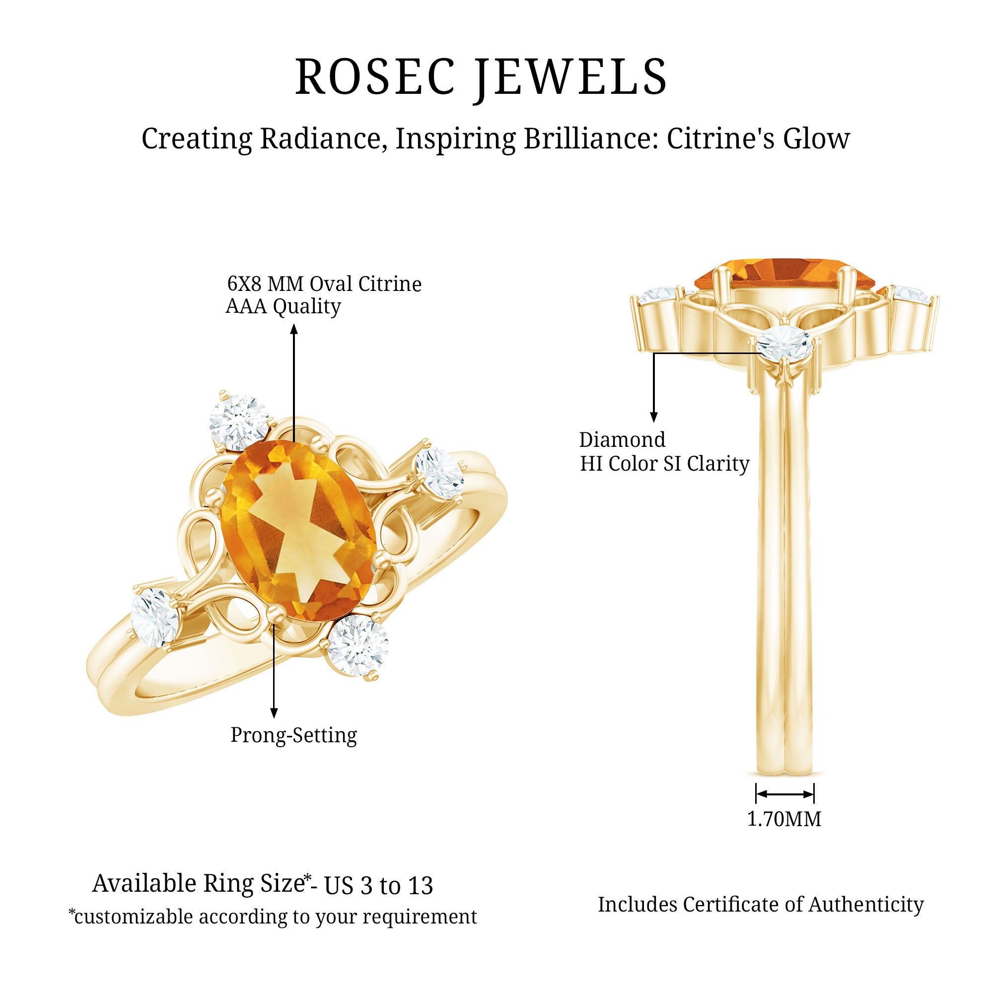 Vintage Style 1 Carat Citrine Oval Engagement Ring with Diamond AAA - Rosec Jewels