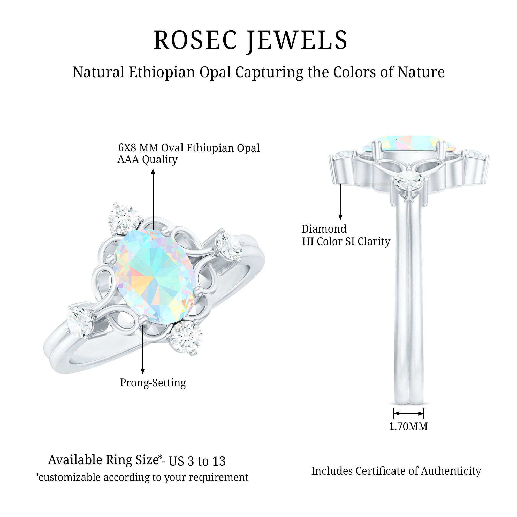 Designer Ethiopian Opal and Diamond Engagement Ring AAA - Rosec Jewels