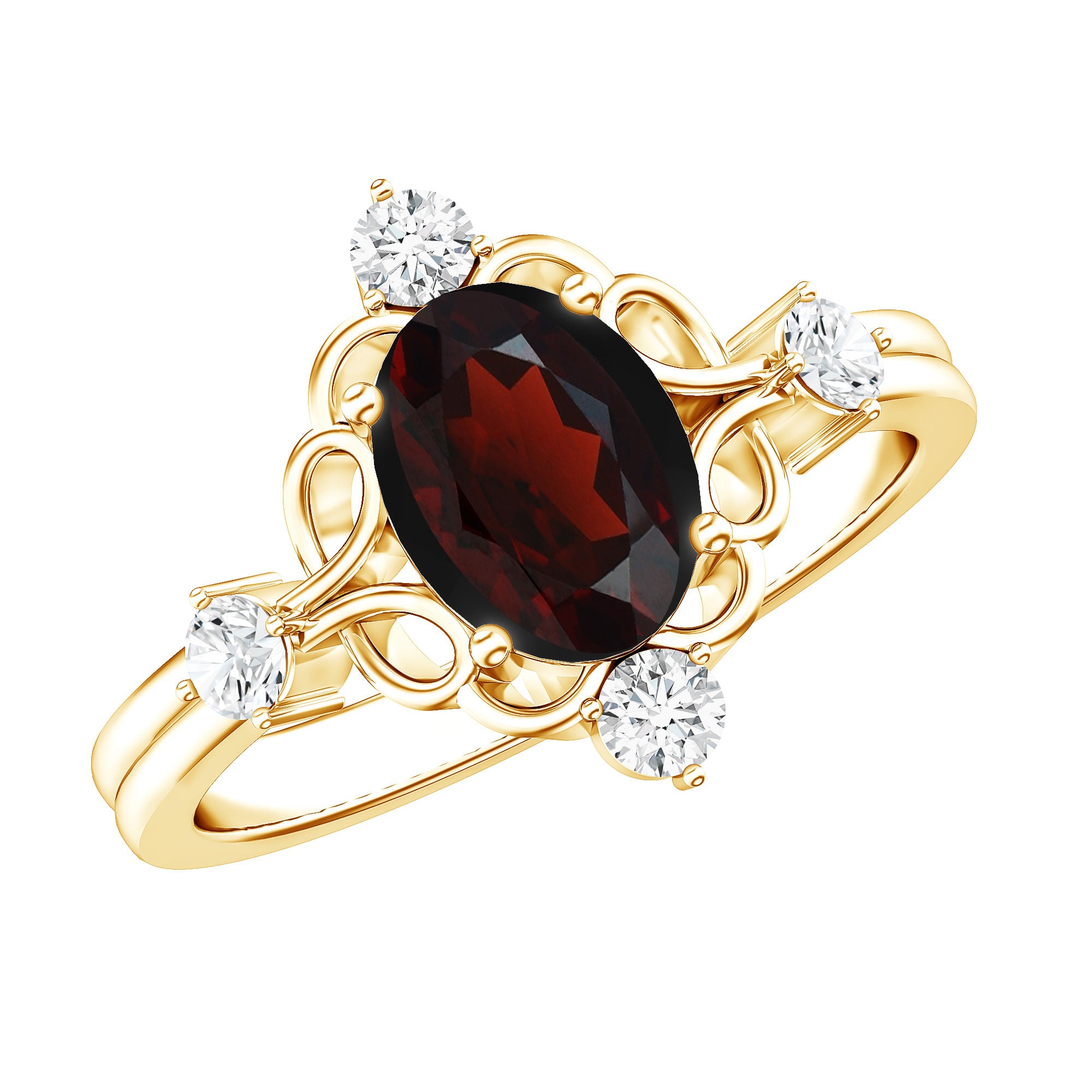 Vintage looking 1.5 Carat Oval Garnet Engagement Ring with Diamond AAA - Rosec Jewels