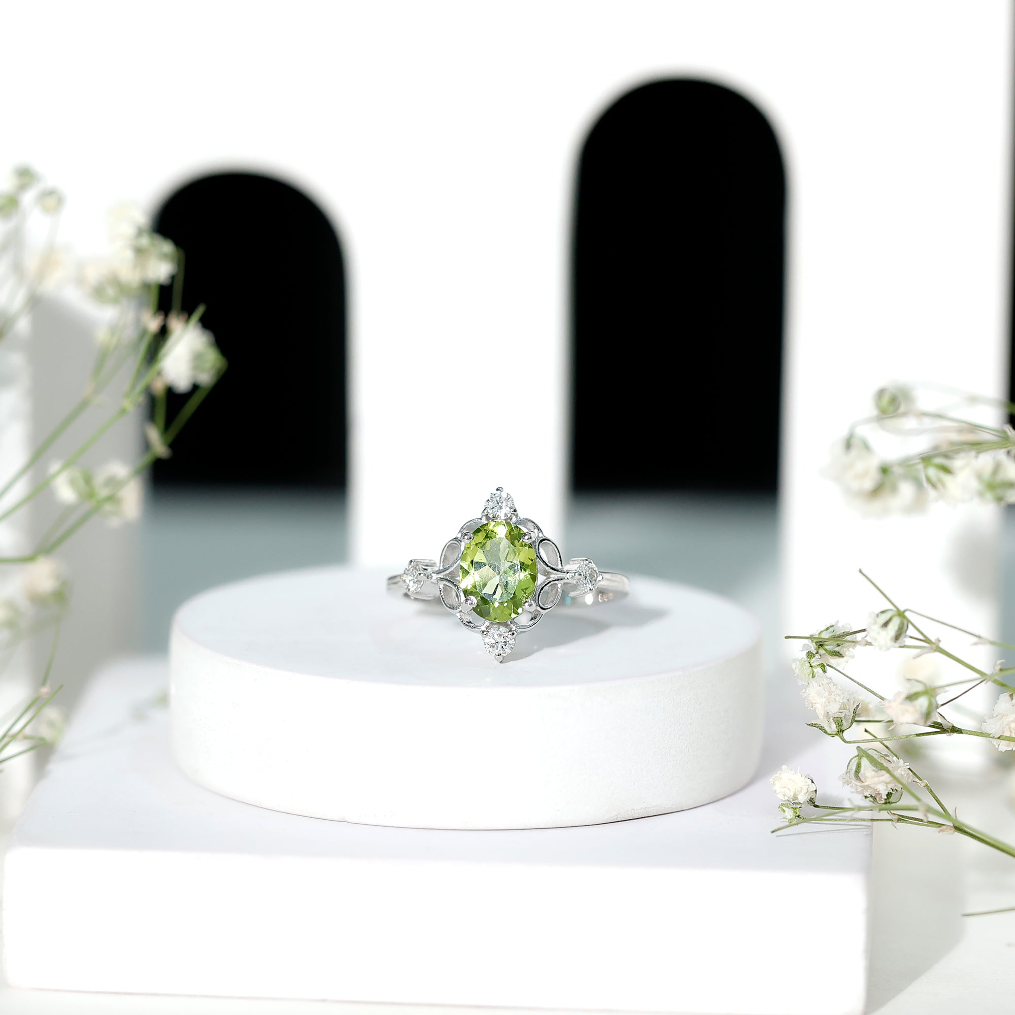 Oval Peridot Cocktail Ring with Diamond AAA - Rosec Jewels
