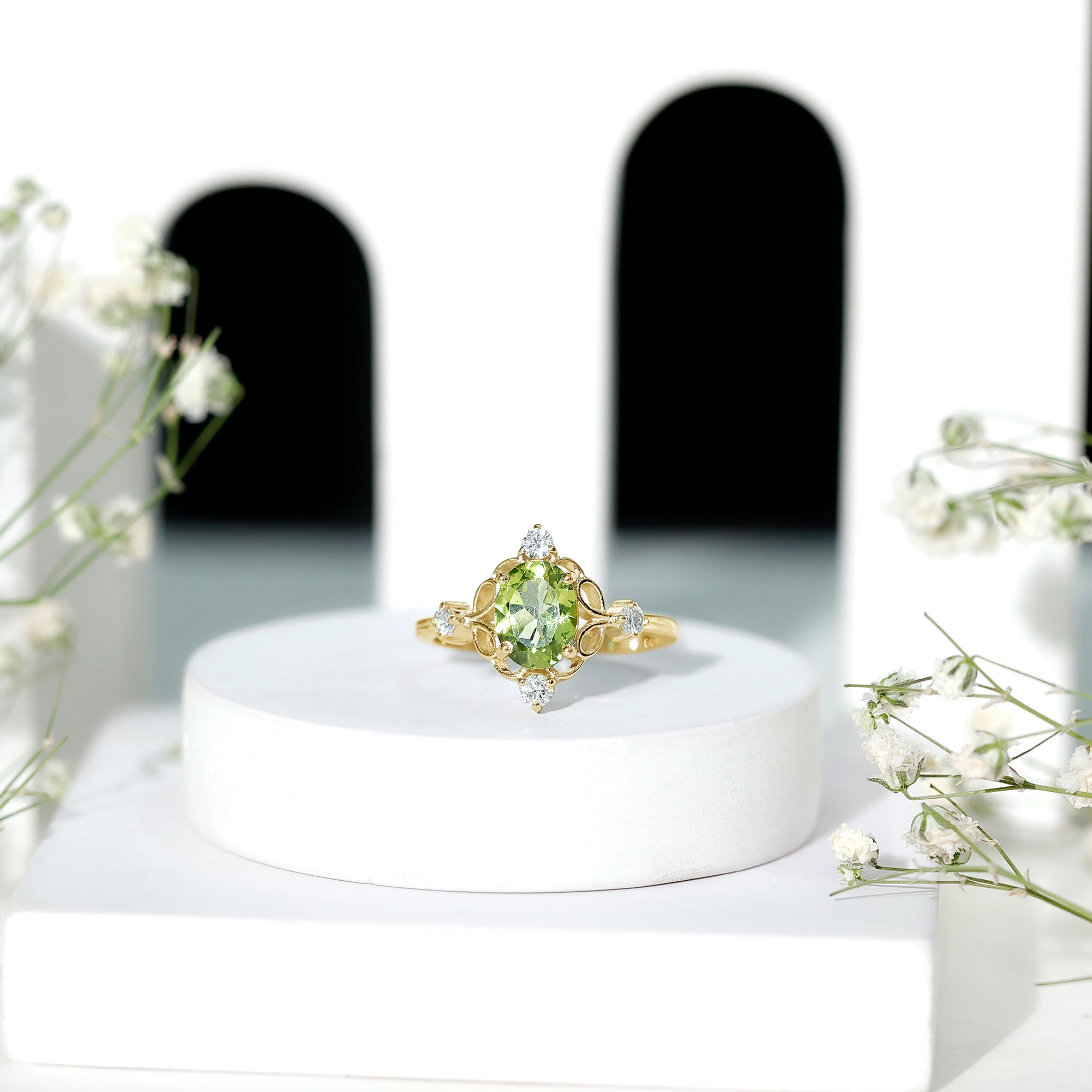 Oval Peridot Cocktail Ring with Diamond AAA - Rosec Jewels
