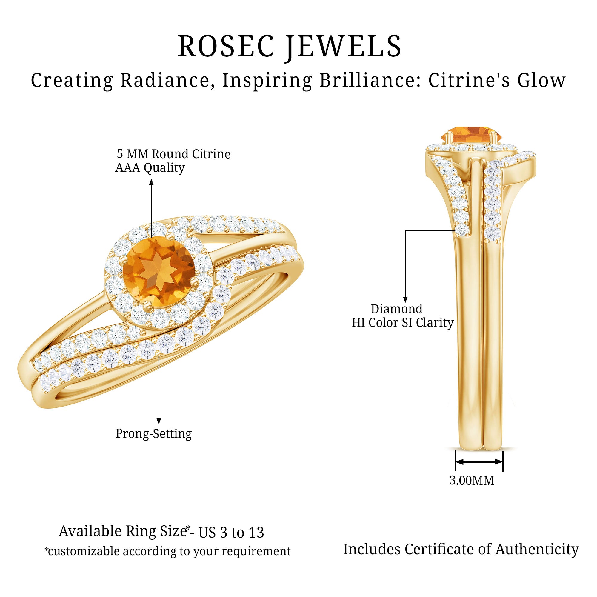 Rosec Jewels-Genuine Citrine Engagement Ring with Diamond Wedding Band