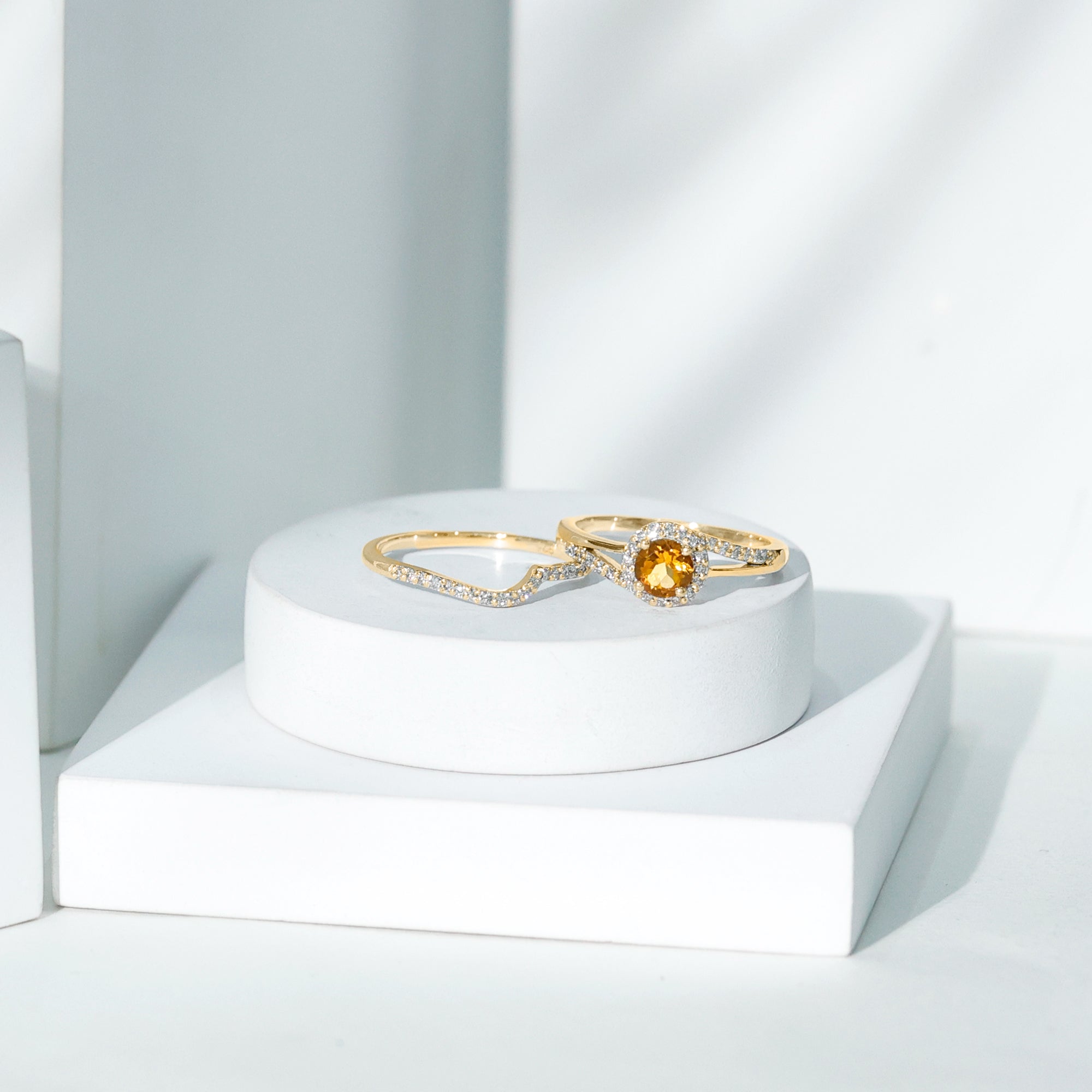 Rosec Jewels-Genuine Citrine Engagement Ring with Diamond Wedding Band