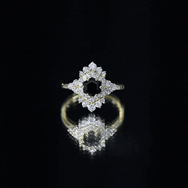 Black Spinel and Diamond Vintage Engagement Ring in Silver AAA 14K Yellow Gold Plated Silver - Rosec Jewels