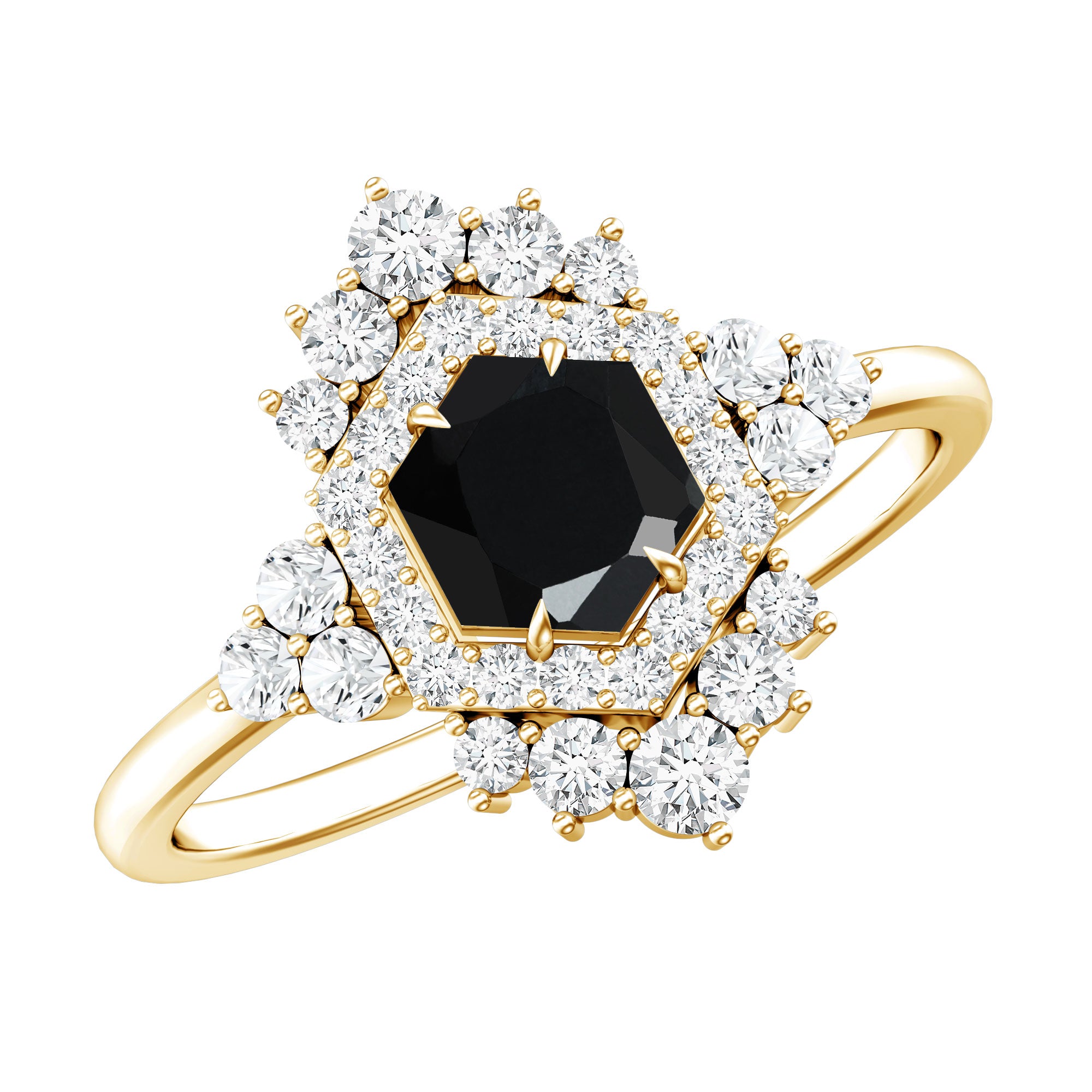 Black Spinel and Diamond Vintage Engagement Ring in Silver AAA 14K Yellow Gold Plated Silver - Rosec Jewels