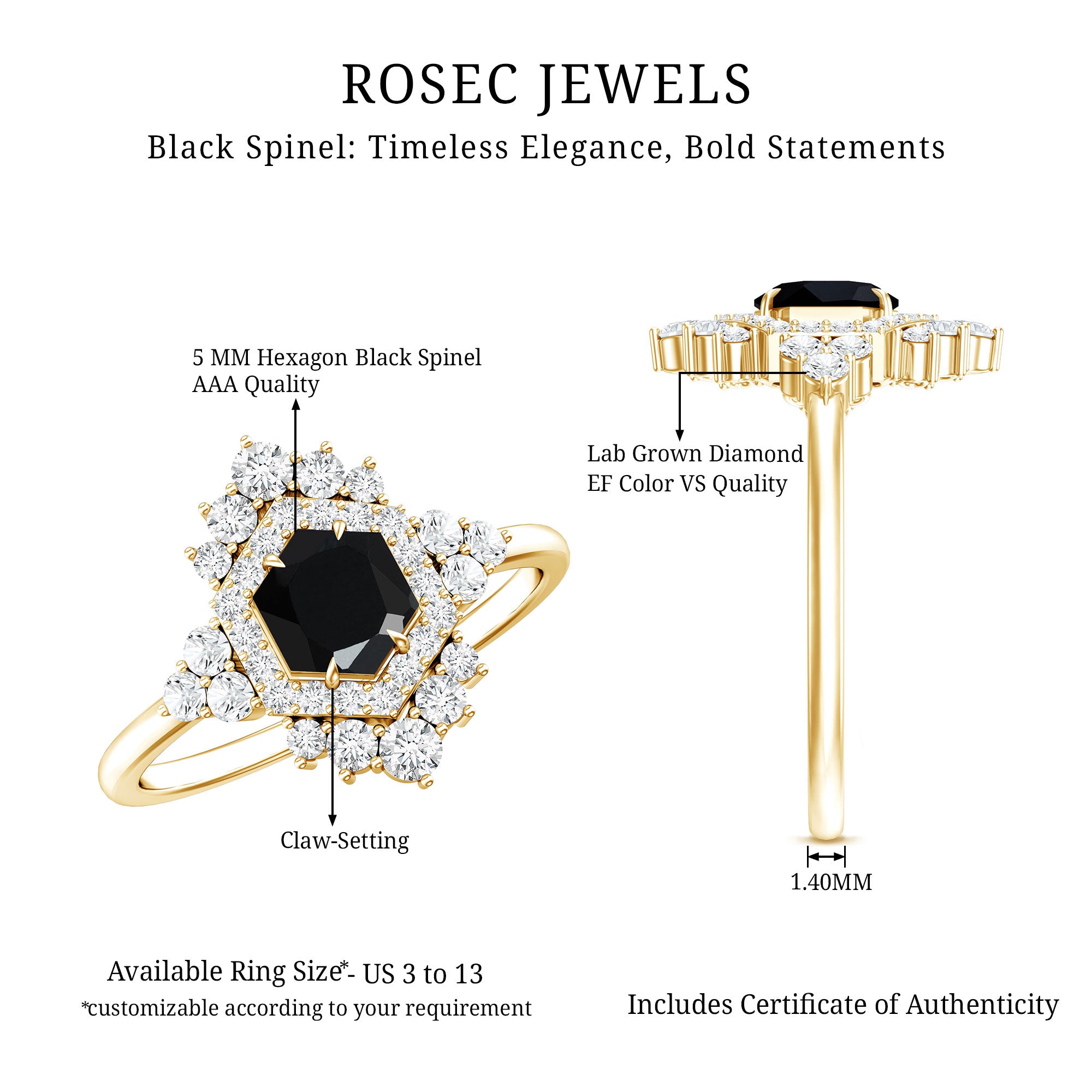 Black Spinel and Diamond Vintage Engagement Ring in Silver AAA 14K Yellow Gold Plated Silver - Rosec Jewels