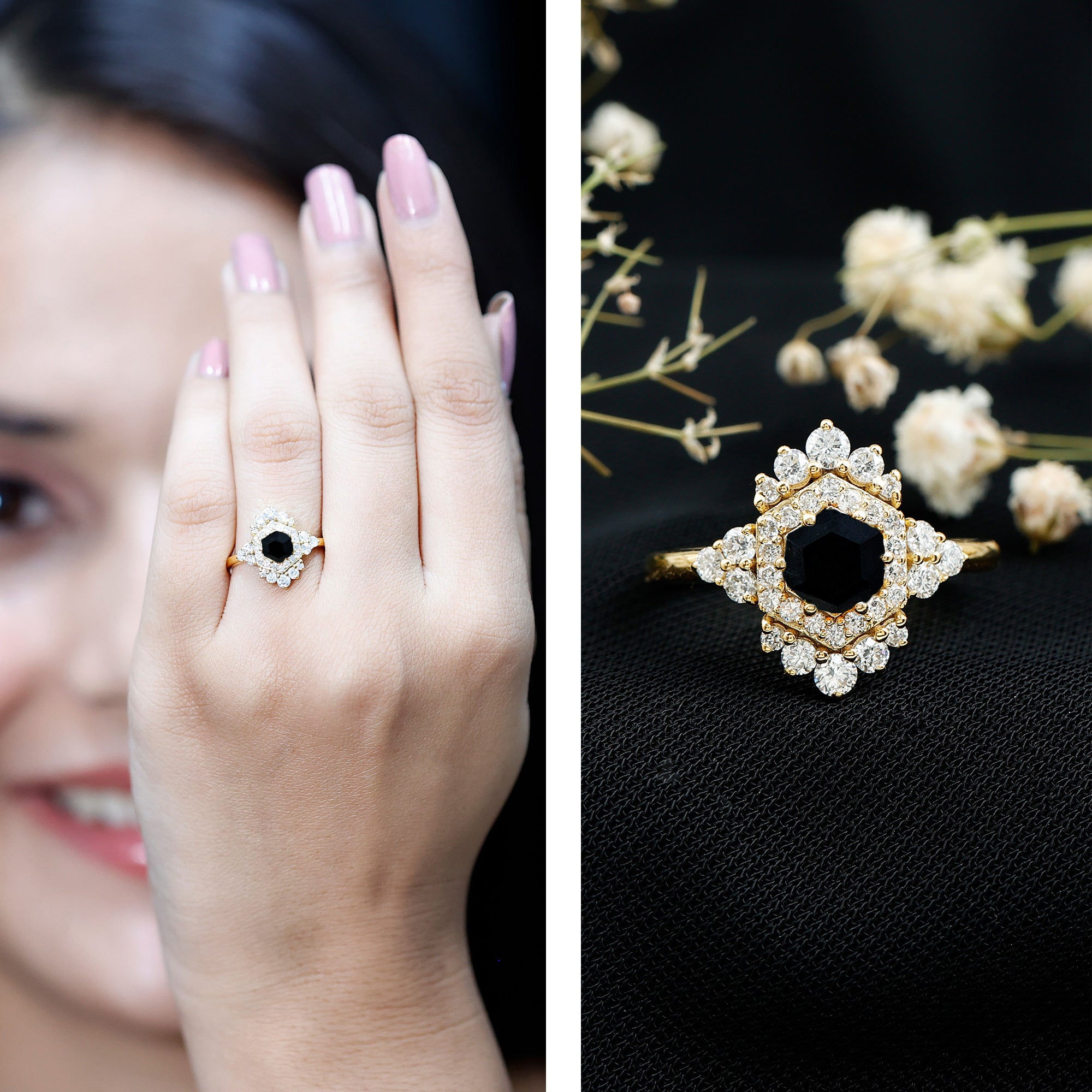 Black Spinel and Diamond Vintage Engagement Ring in Silver AAA 14K Yellow Gold Plated Silver - Rosec Jewels