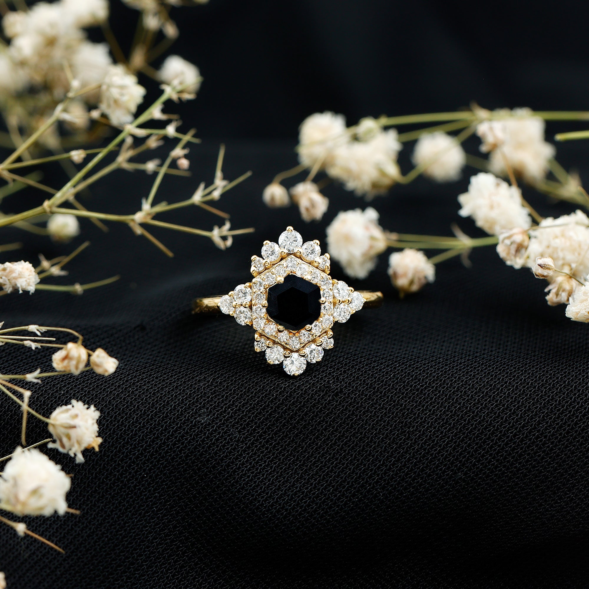 Black Spinel and Diamond Vintage Engagement Ring in Silver AAA 14K Yellow Gold Plated Silver - Rosec Jewels