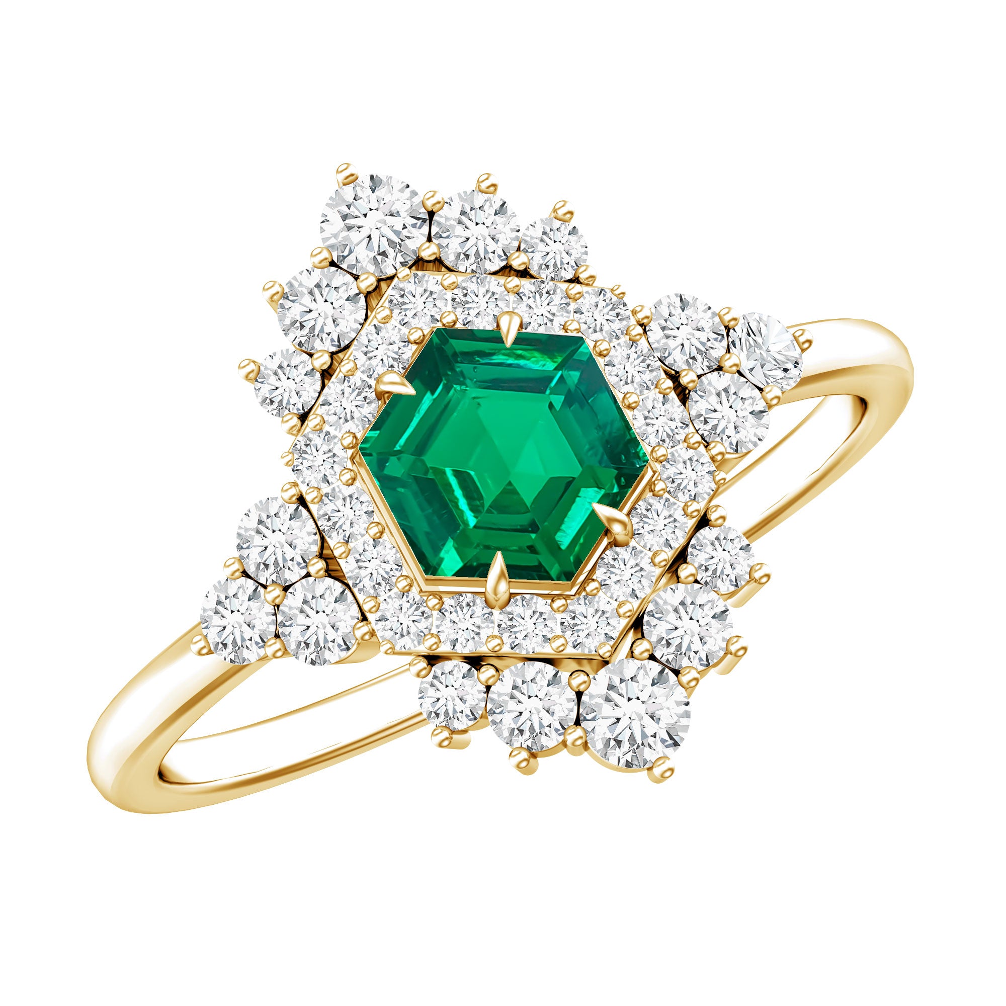 Lab Grown Emerald and Diamond Vintage Engagement Ring in Silver AAAA 14K Yellow Gold Plated Silver - Rosec Jewels