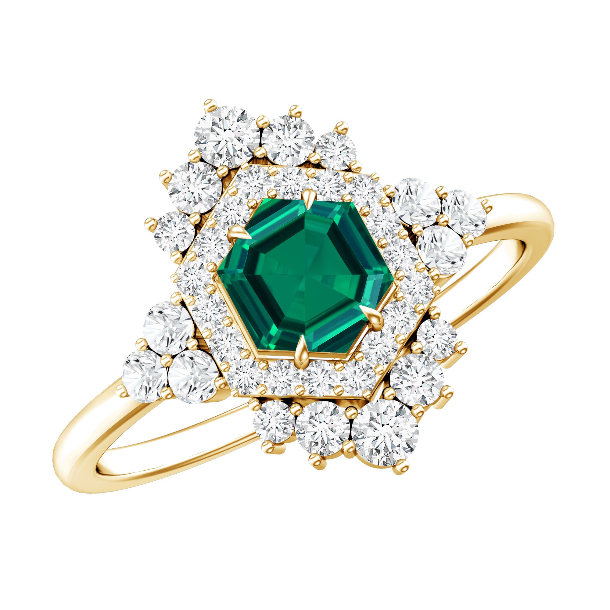 Lab Grown Emerald and Diamond Vintage Engagement Ring in Silver AAAA 14K Yellow Gold Plated Silver - Rosec Jewels