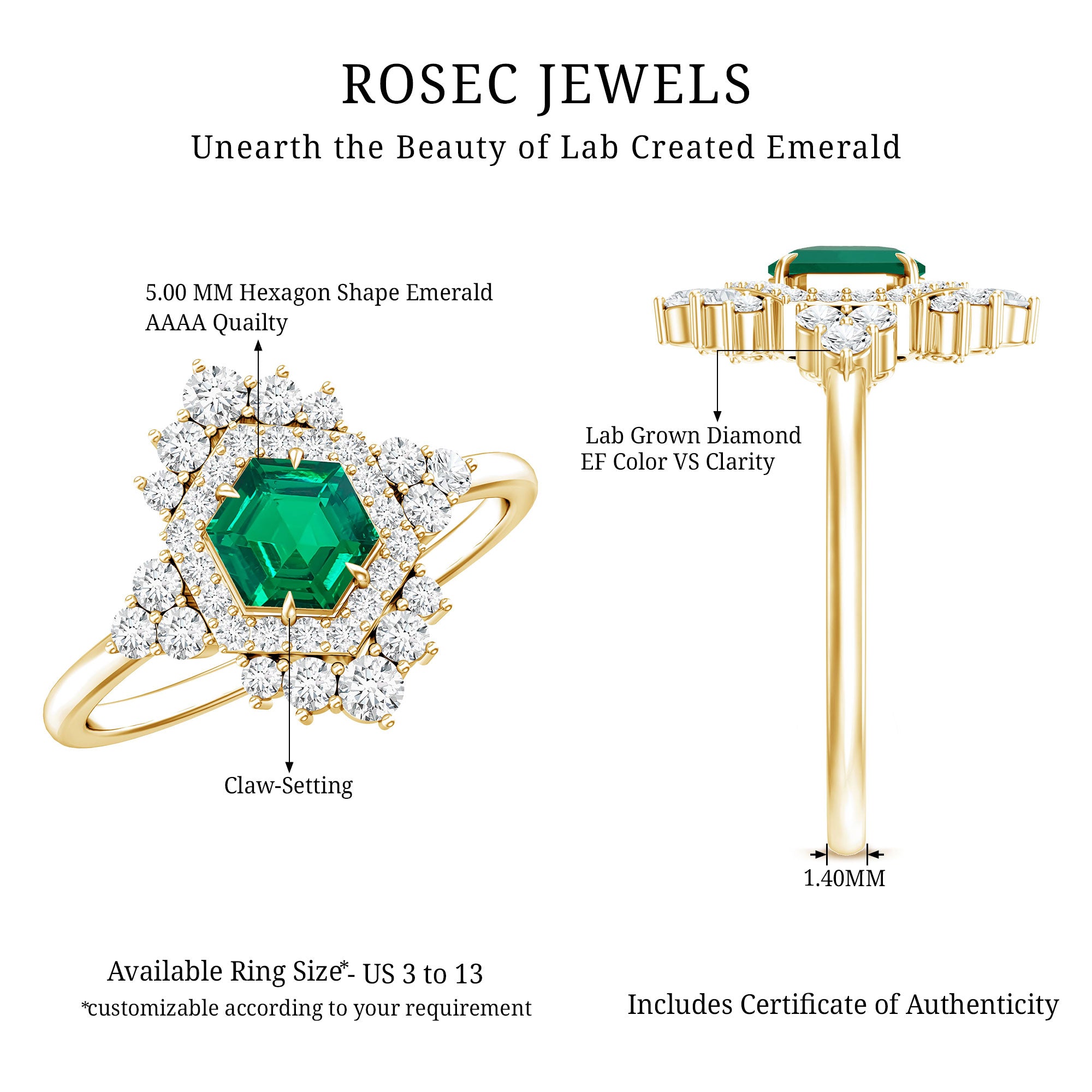 Lab Grown Emerald and Diamond Vintage Engagement Ring in Silver AAAA 14K Yellow Gold Plated Silver - Rosec Jewels