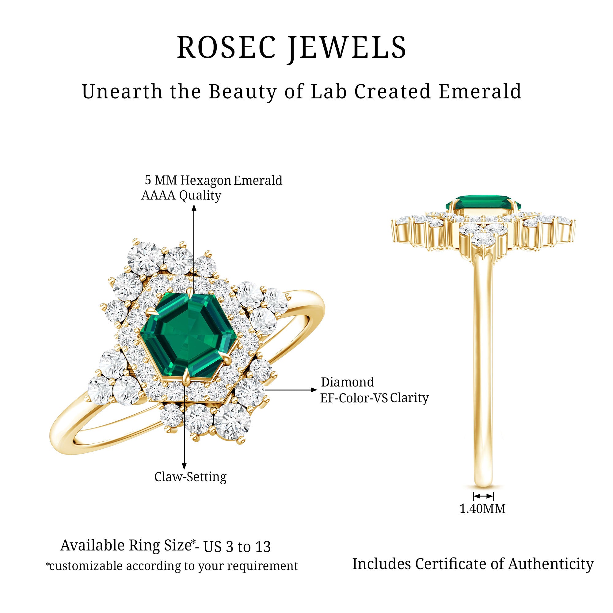 Lab Grown Emerald and Diamond Vintage Engagement Ring in Silver AAAA 14K Yellow Gold Plated Silver - Rosec Jewels