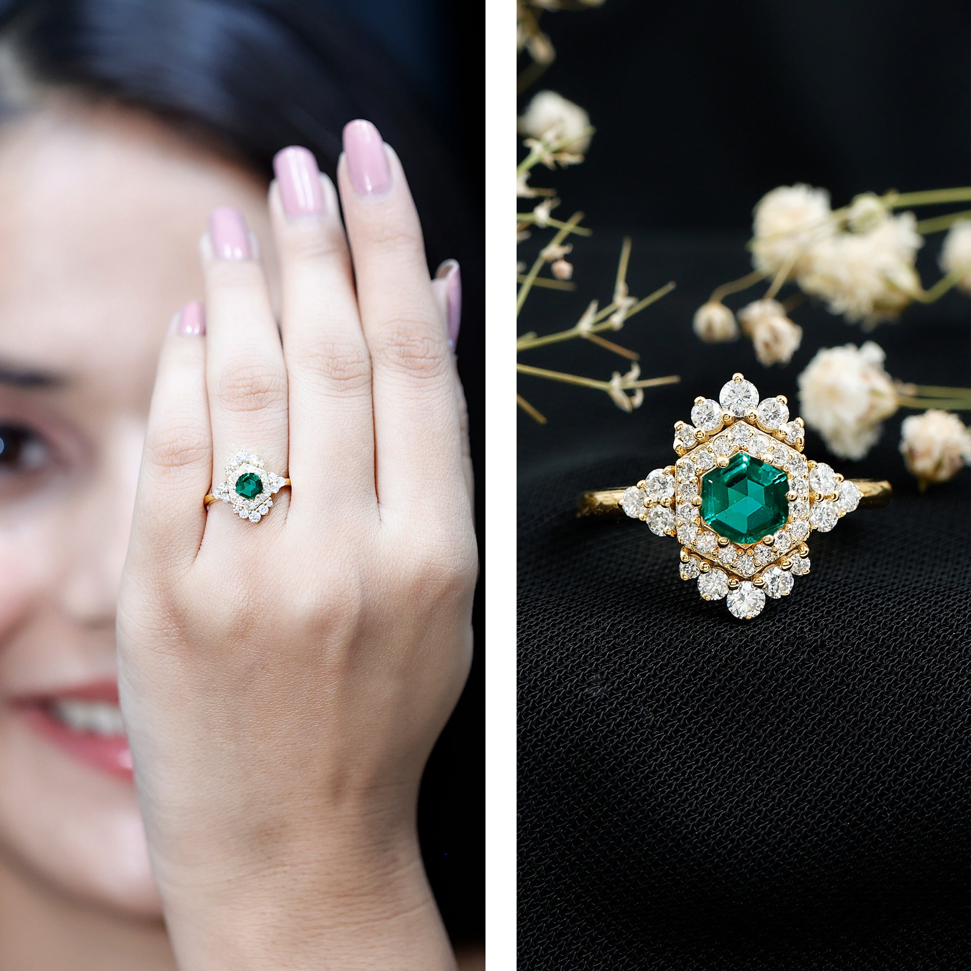 Lab Grown Emerald and Diamond Vintage Engagement Ring in Silver AAAA 14K Yellow Gold Plated Silver - Rosec Jewels