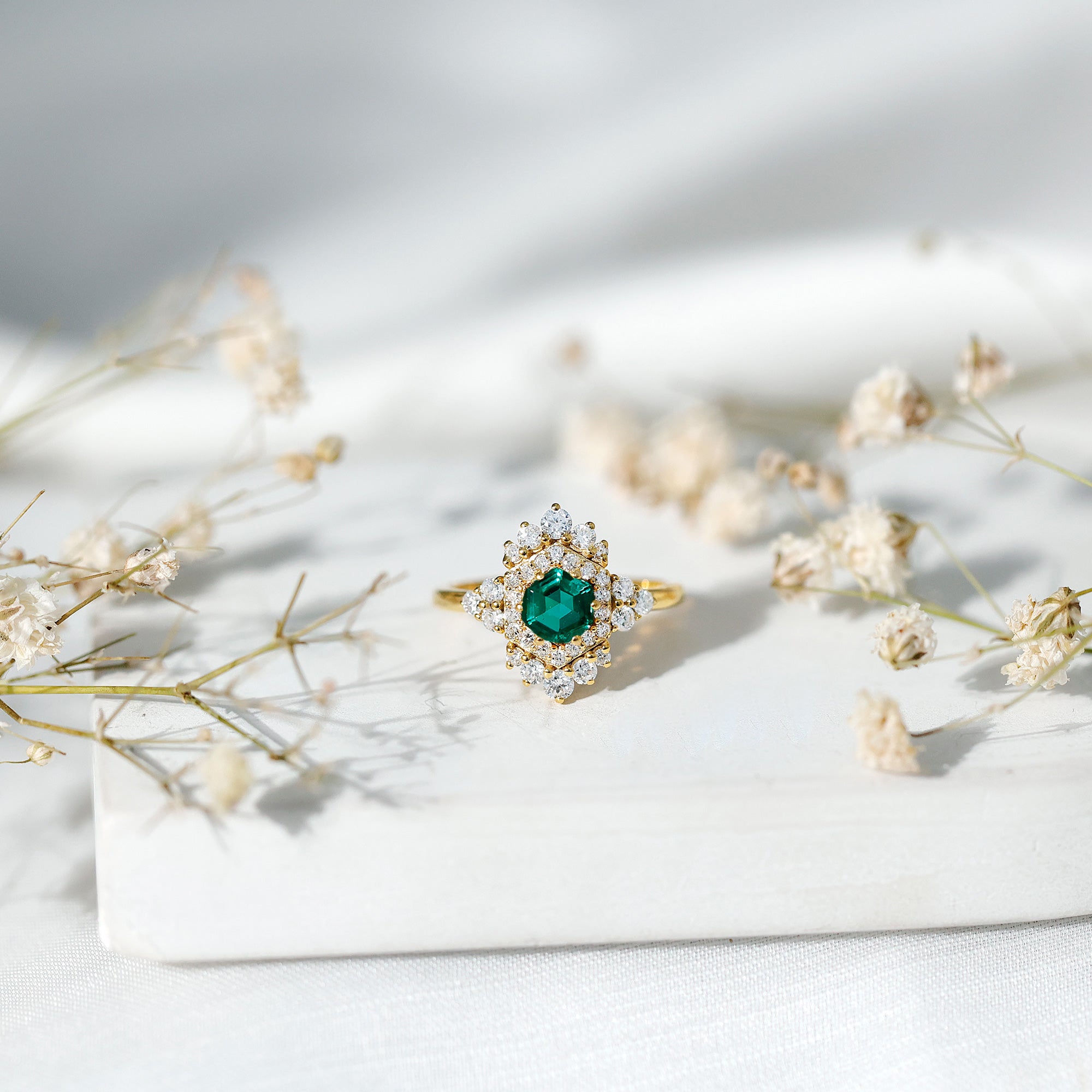 Lab Grown Emerald and Diamond Vintage Engagement Ring in Silver AAAA 14K Yellow Gold Plated Silver - Rosec Jewels