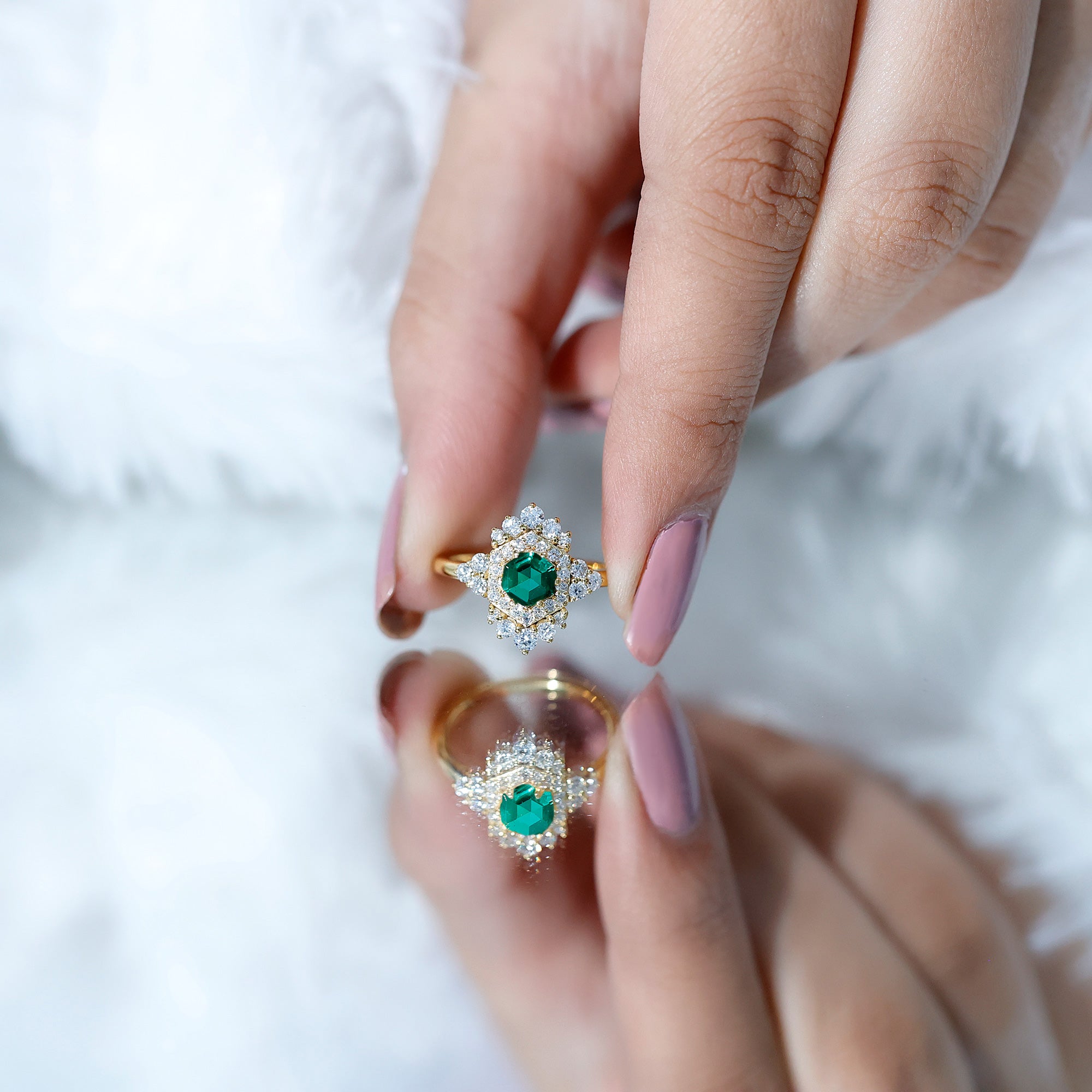 Lab Grown Emerald and Diamond Vintage Engagement Ring in Silver AAAA 14K Yellow Gold Plated Silver - Rosec Jewels