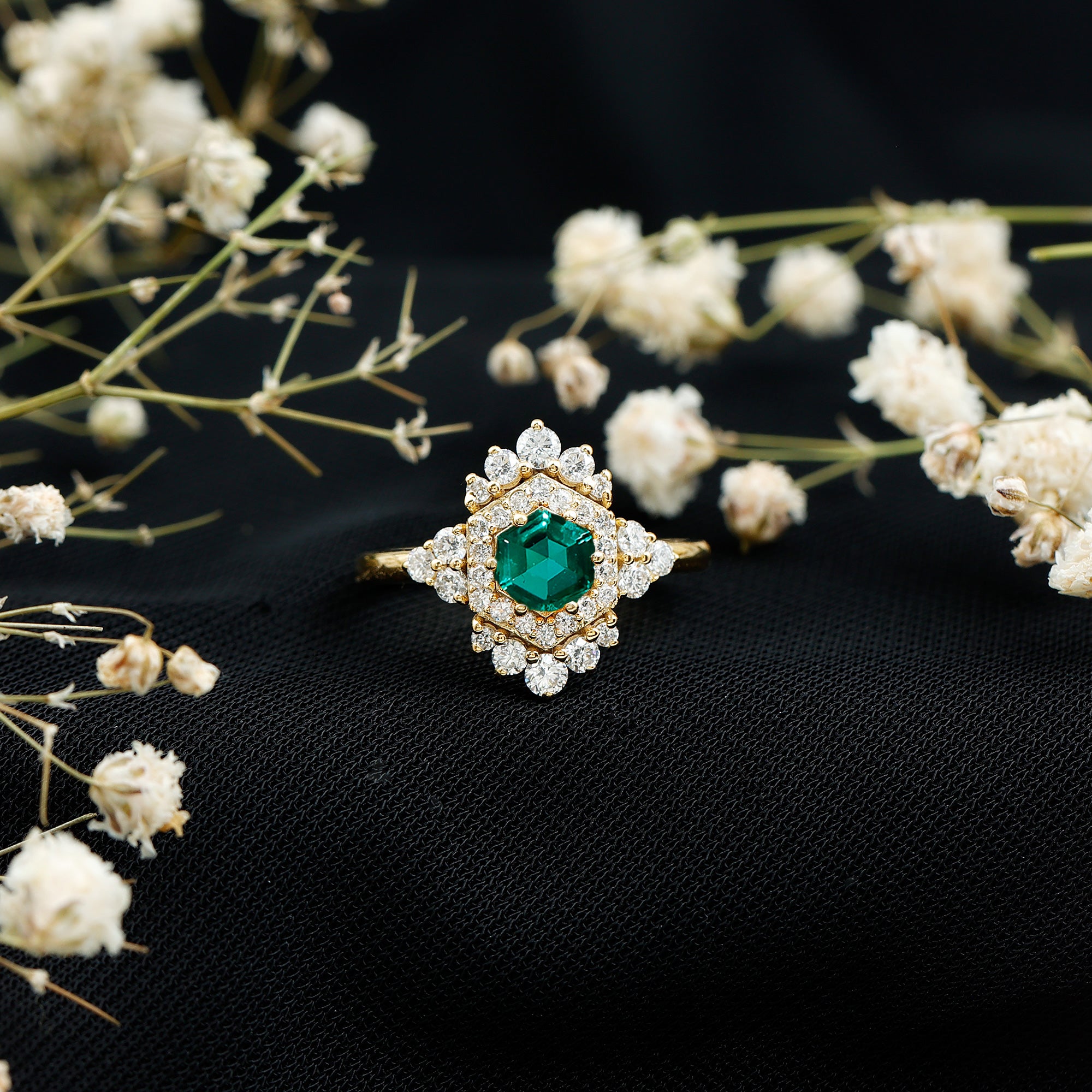 Lab Grown Emerald and Diamond Vintage Engagement Ring in Silver AAAA 14K Yellow Gold Plated Silver - Rosec Jewels
