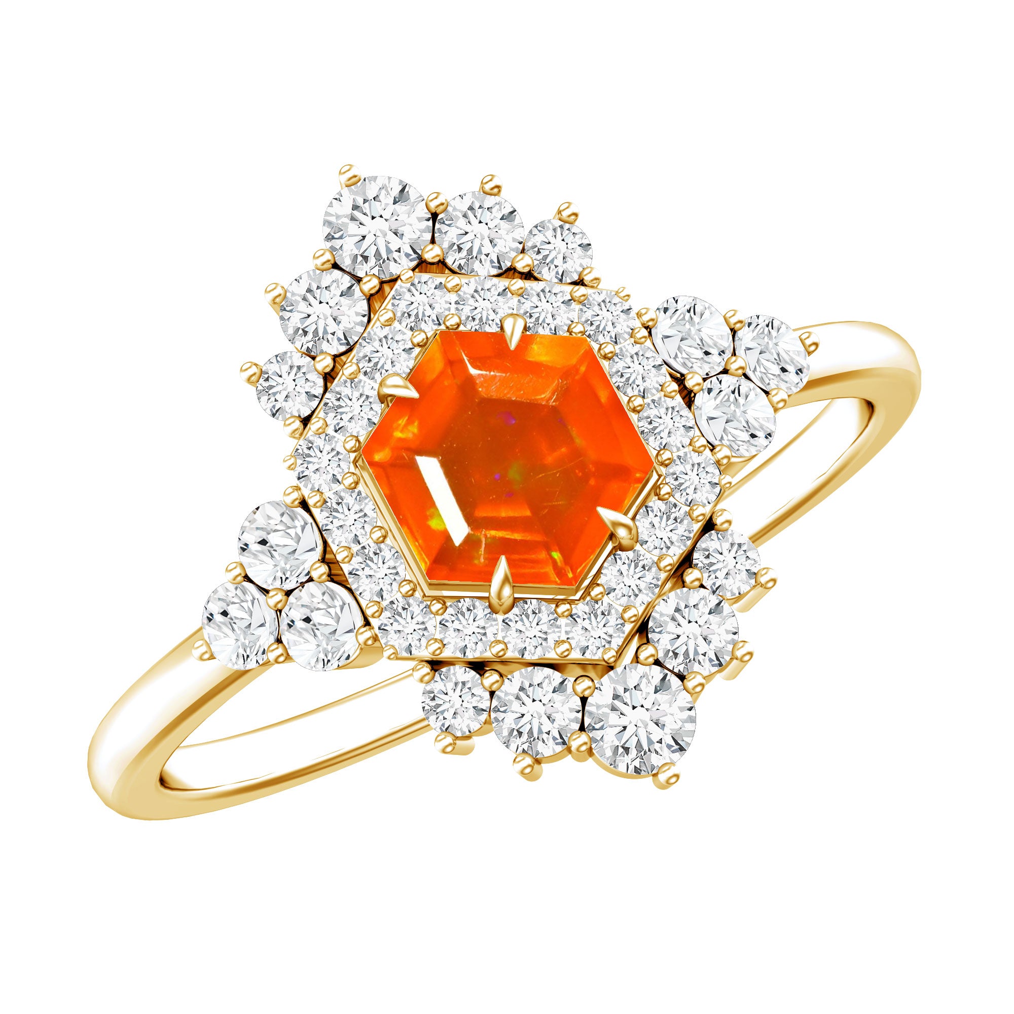 Sterling Silver Fire Opal Diamond Vintage Engagement Ring AAA 14K Yellow Gold Plated Silver - Rosec Jewels