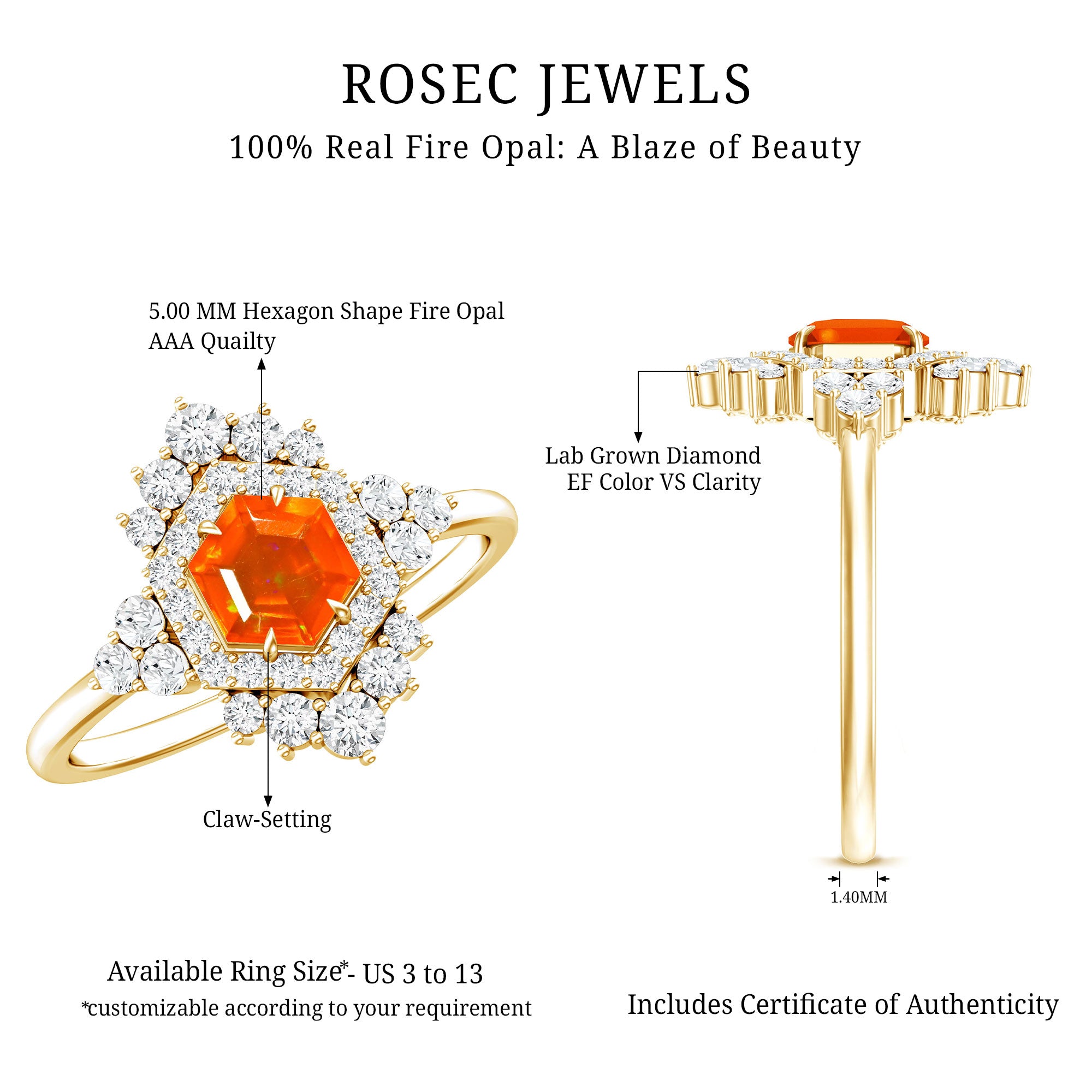 Sterling Silver Fire Opal Diamond Vintage Engagement Ring AAA 14K Yellow Gold Plated Silver - Rosec Jewels