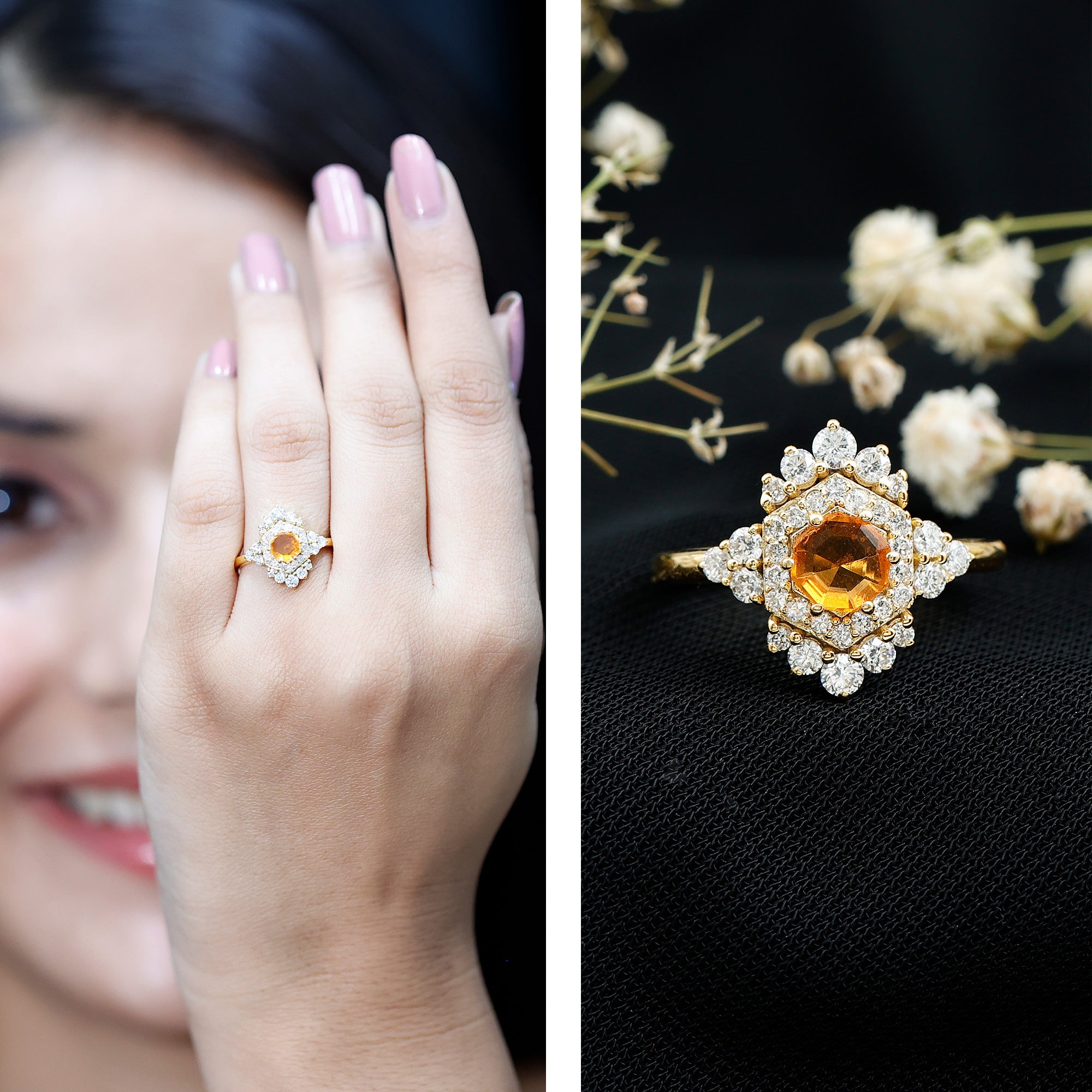 Sterling Silver Fire Opal Diamond Vintage Engagement Ring AAA 14K Yellow Gold Plated Silver - Rosec Jewels