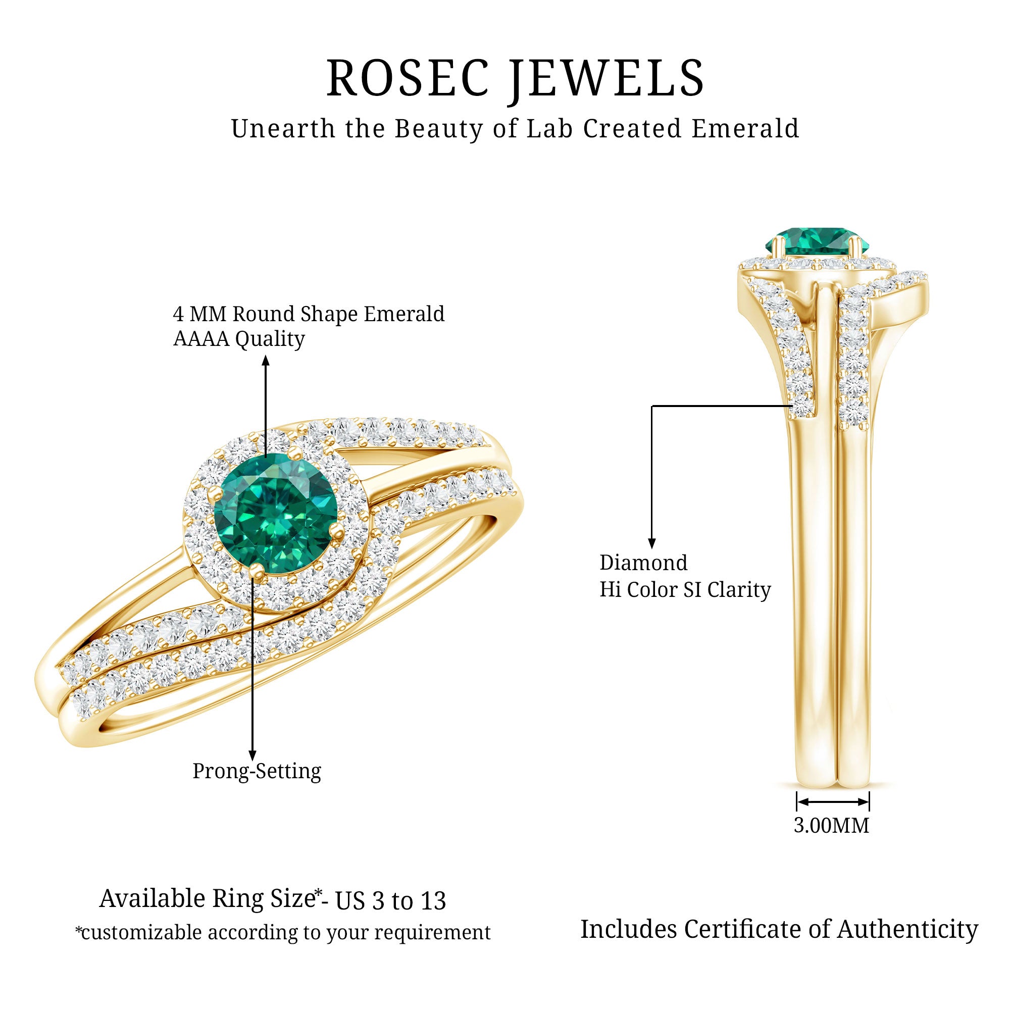 Certified Lab Grown Emerald Diamond Wedding Bridal Ring Set of 2 AAAA - Rosec Jewels