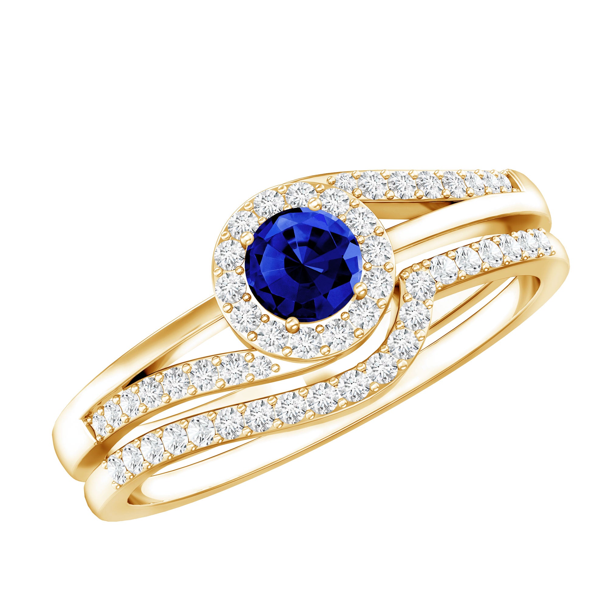 Certified Lab Grown Blue Sapphire Wedding Engagement Ring Set with Diamond AAAA - Rosec Jewels