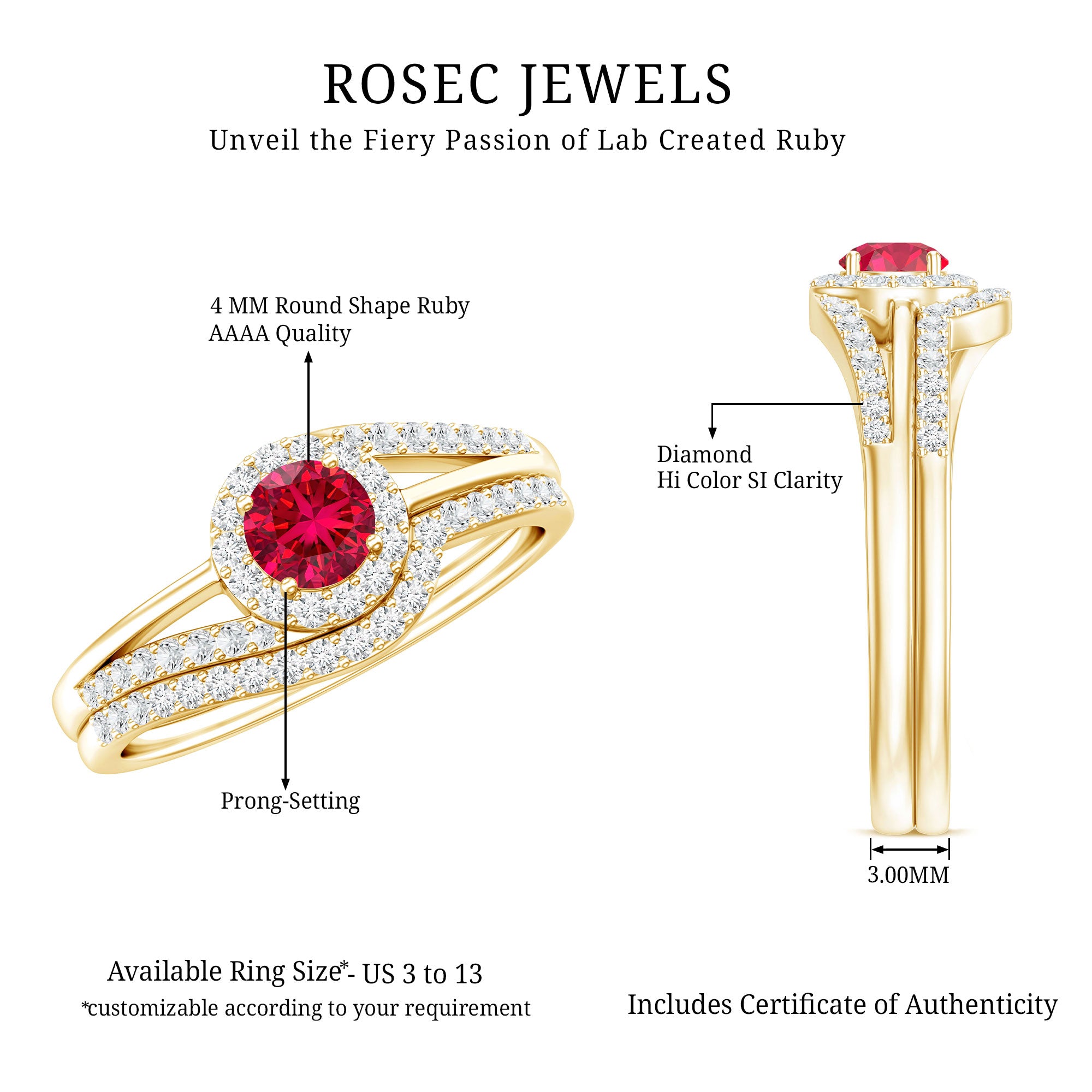 Certified Lab Ruby and Diamond Halo Wedding Ring Set AAAA - Rosec Jewels
