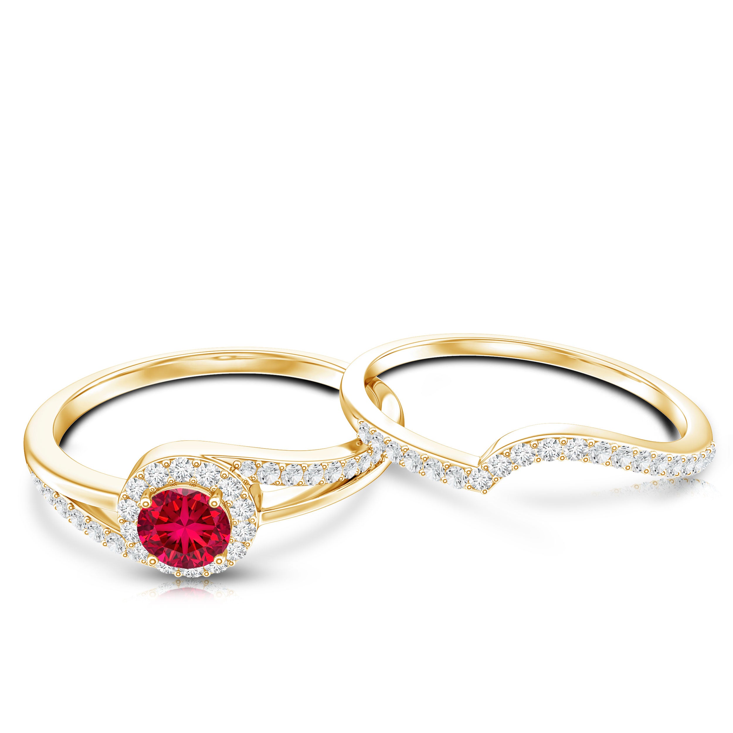 Certified Lab Ruby and Diamond Halo Wedding Ring Set AAAA - Rosec Jewels