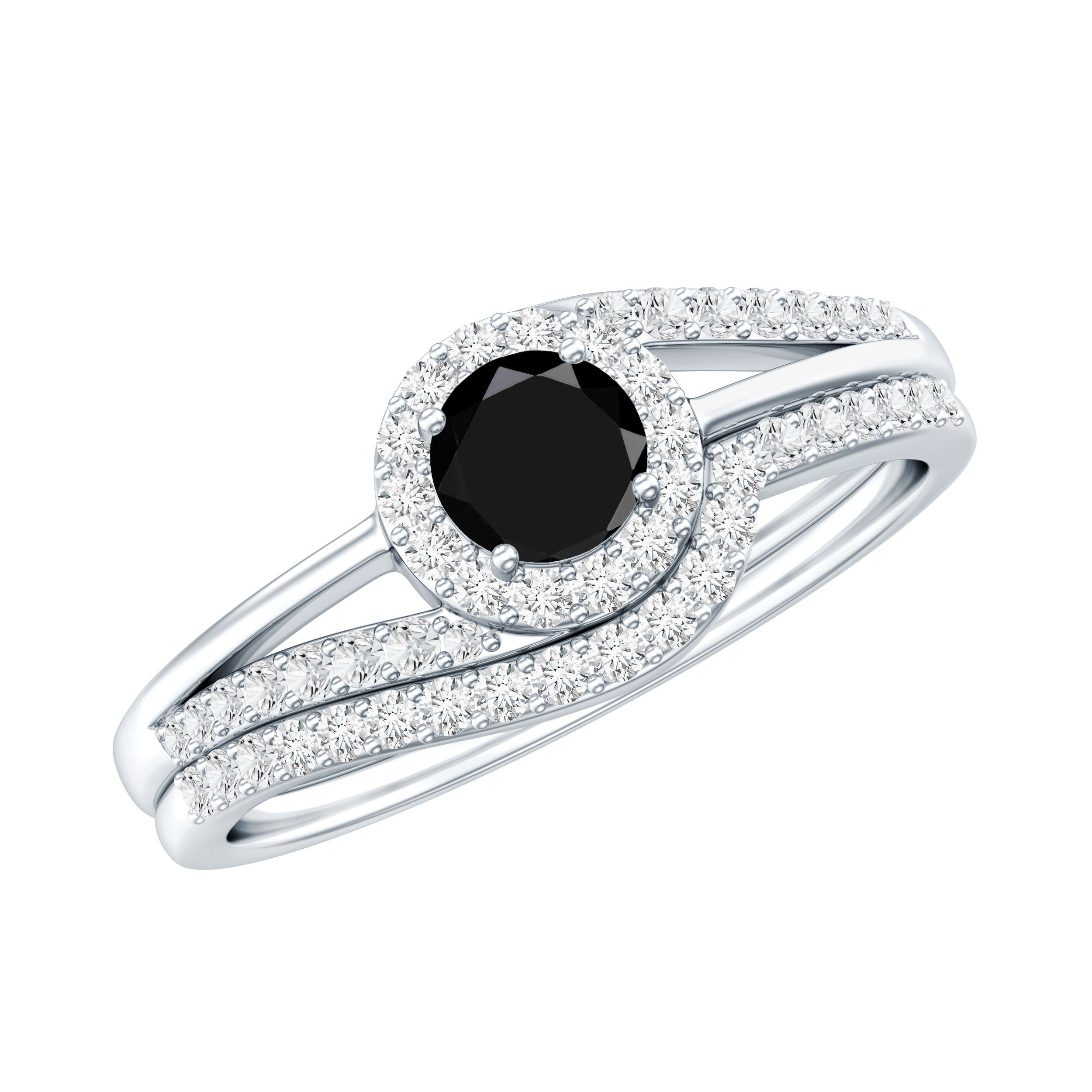 Black Onyx Minimal Wedding Rings Set with Diamond Curved Band AAA - Rosec Jewels