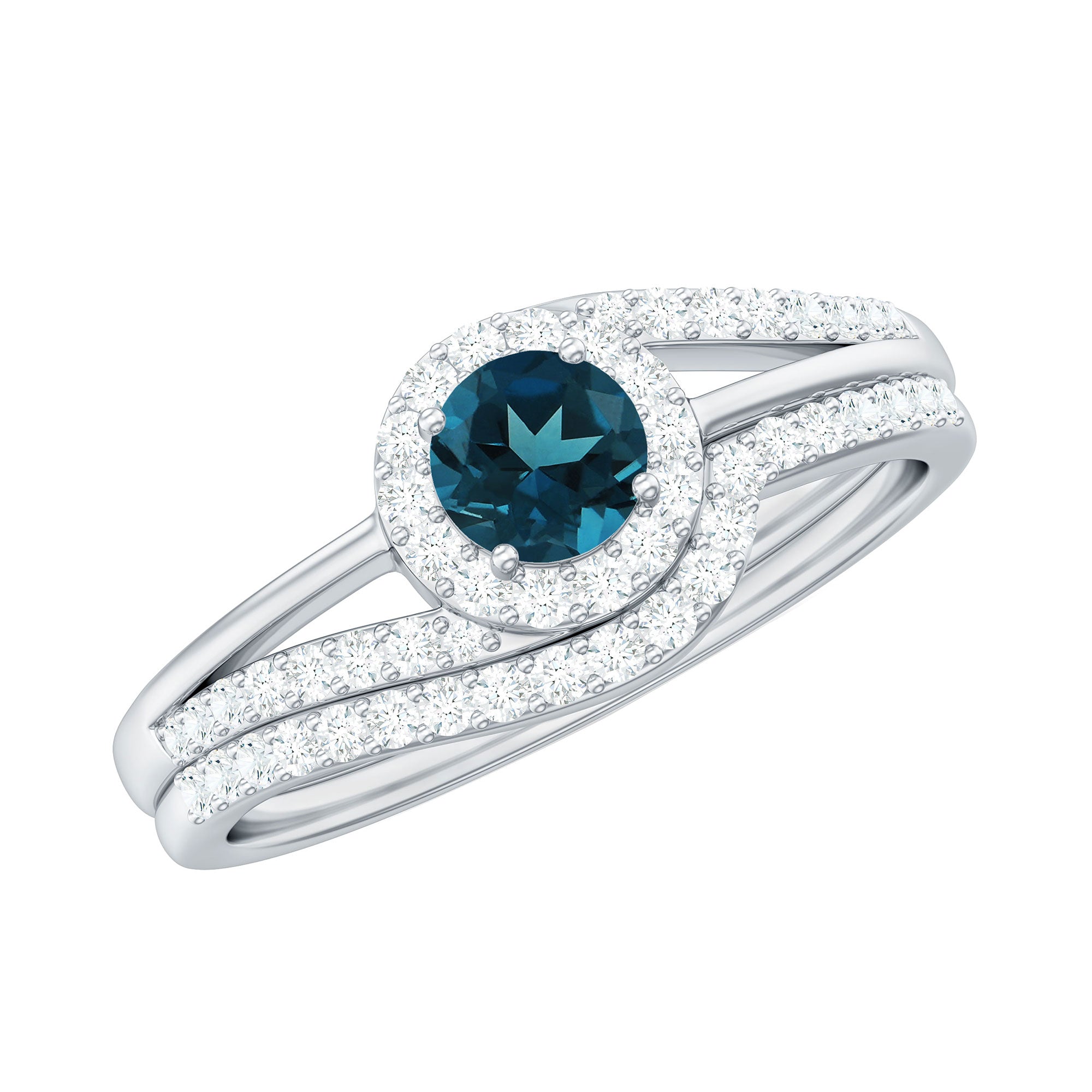 Certified London Blue Topaz and Diamond Halo Wedding Ring Set