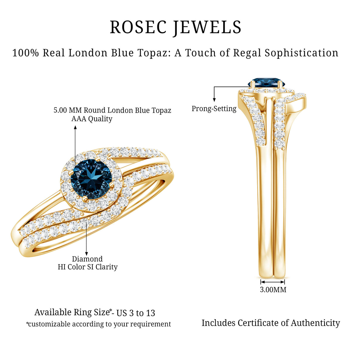 Certified London Blue Topaz and Diamond Halo Wedding Ring Set AAA - Rosec Jewels