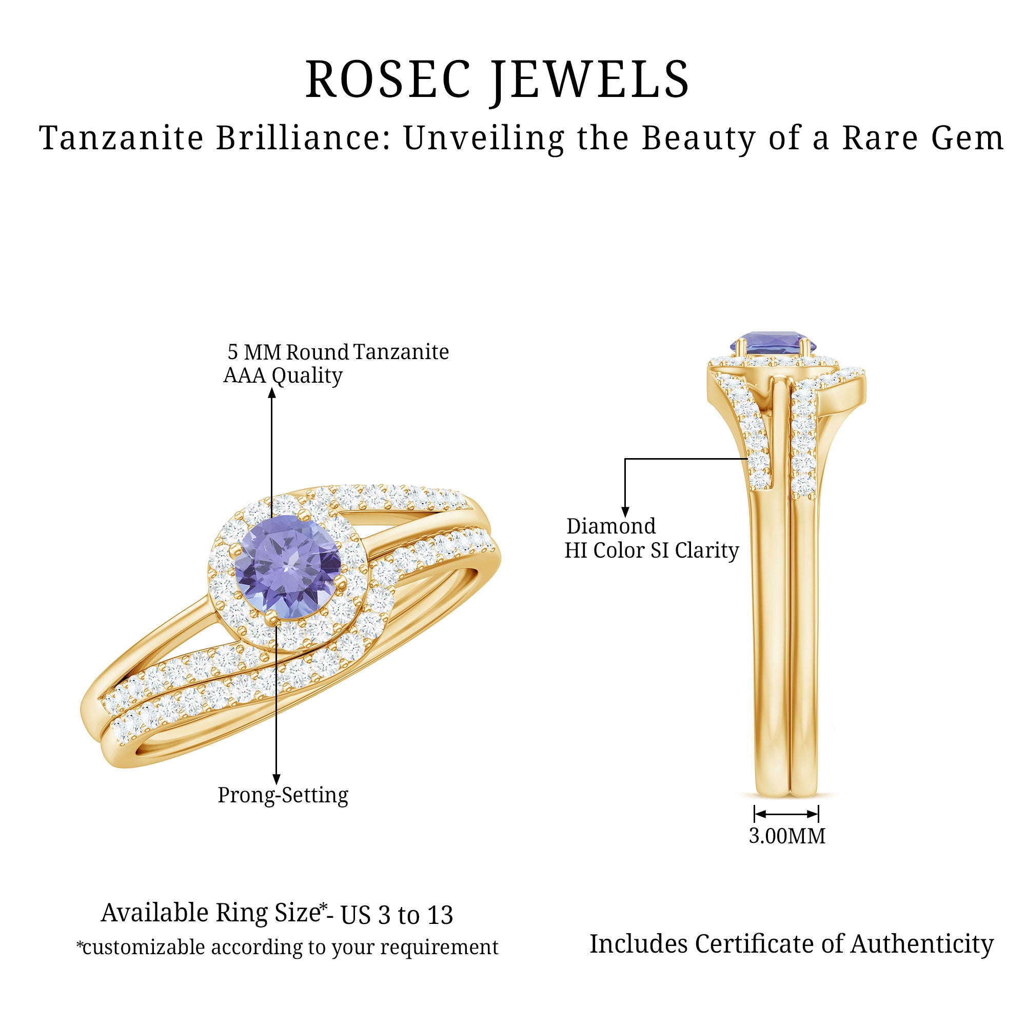 Rosec Jewels-Genuine Tanzanite Engagement Ring with Diamond Enhancer