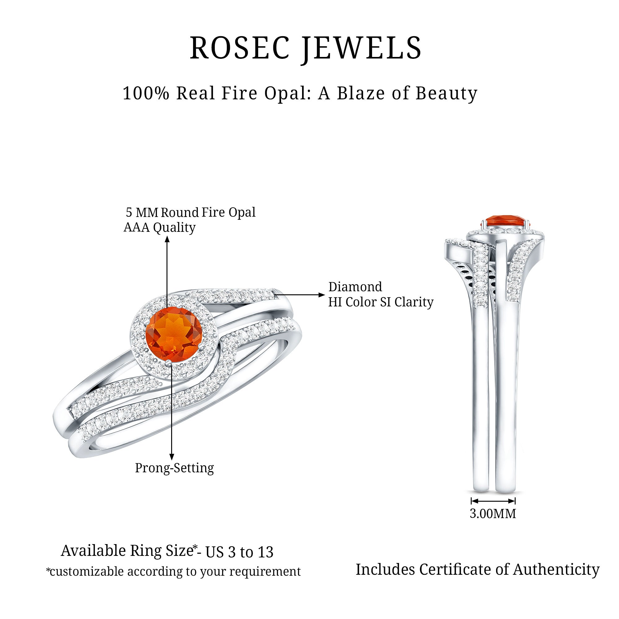Certified Fire Opal Engagement Ring with Diamond Enhancer AAA - Rosec Jewels