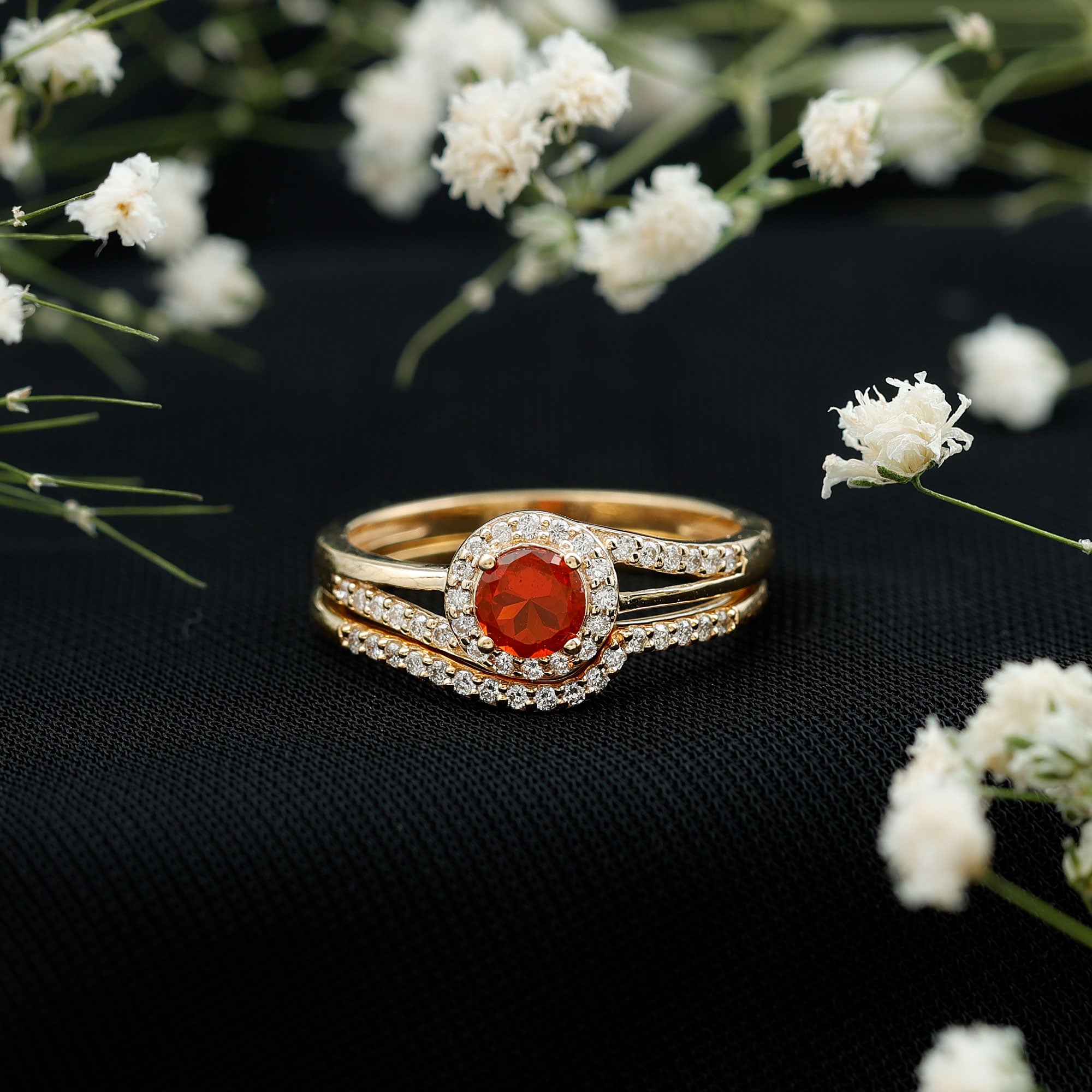 Certified Fire Opal Engagement Ring with Diamond Enhancer AAA - Rosec Jewels