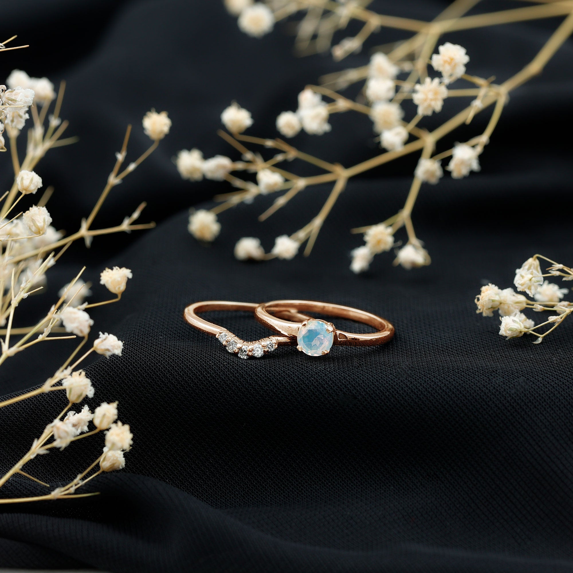 Minimal Ethiopian Opal Diamond Promise Ring Set AAA - Rosec Jewels