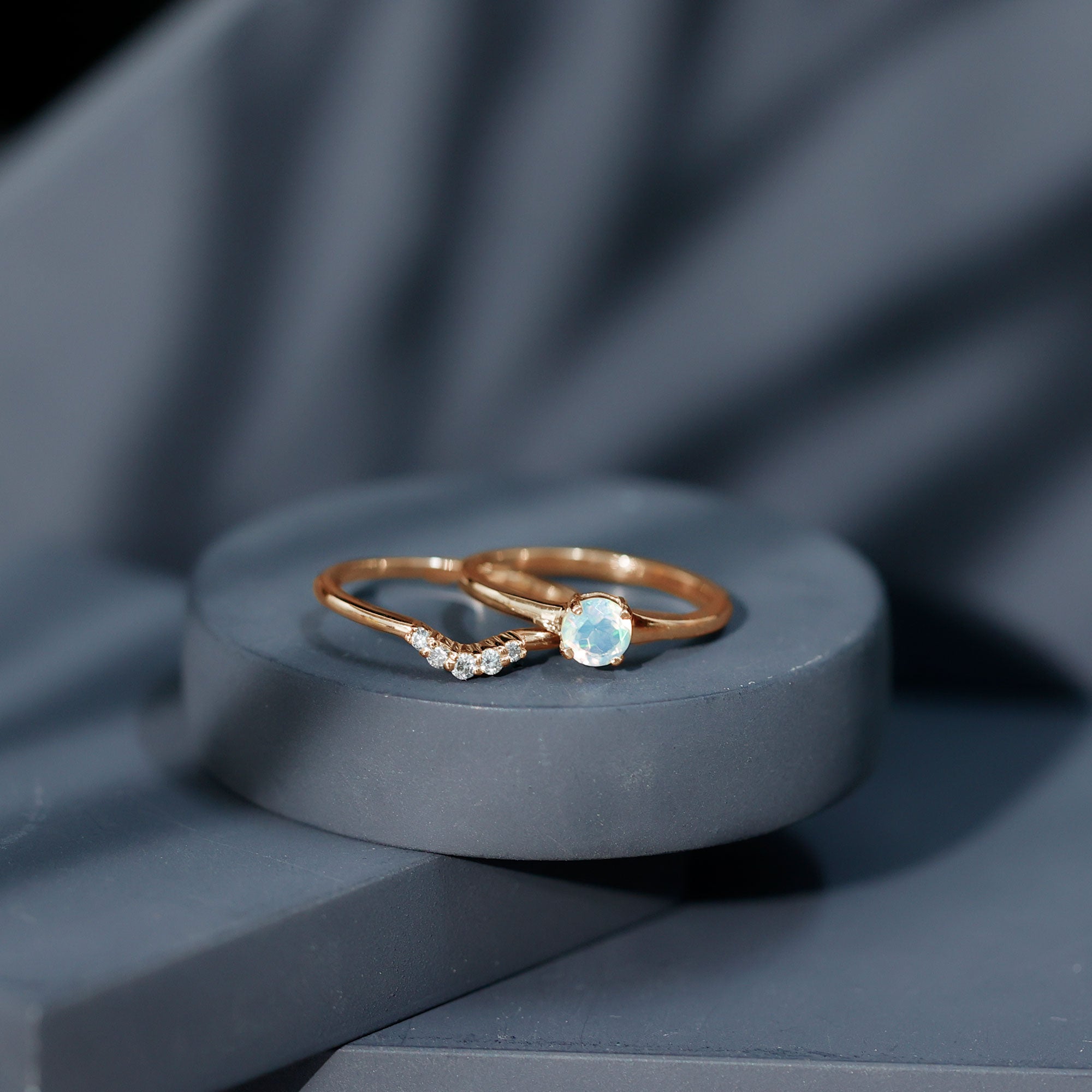 Minimal Ethiopian Opal Diamond Promise Ring Set AAA - Rosec Jewels
