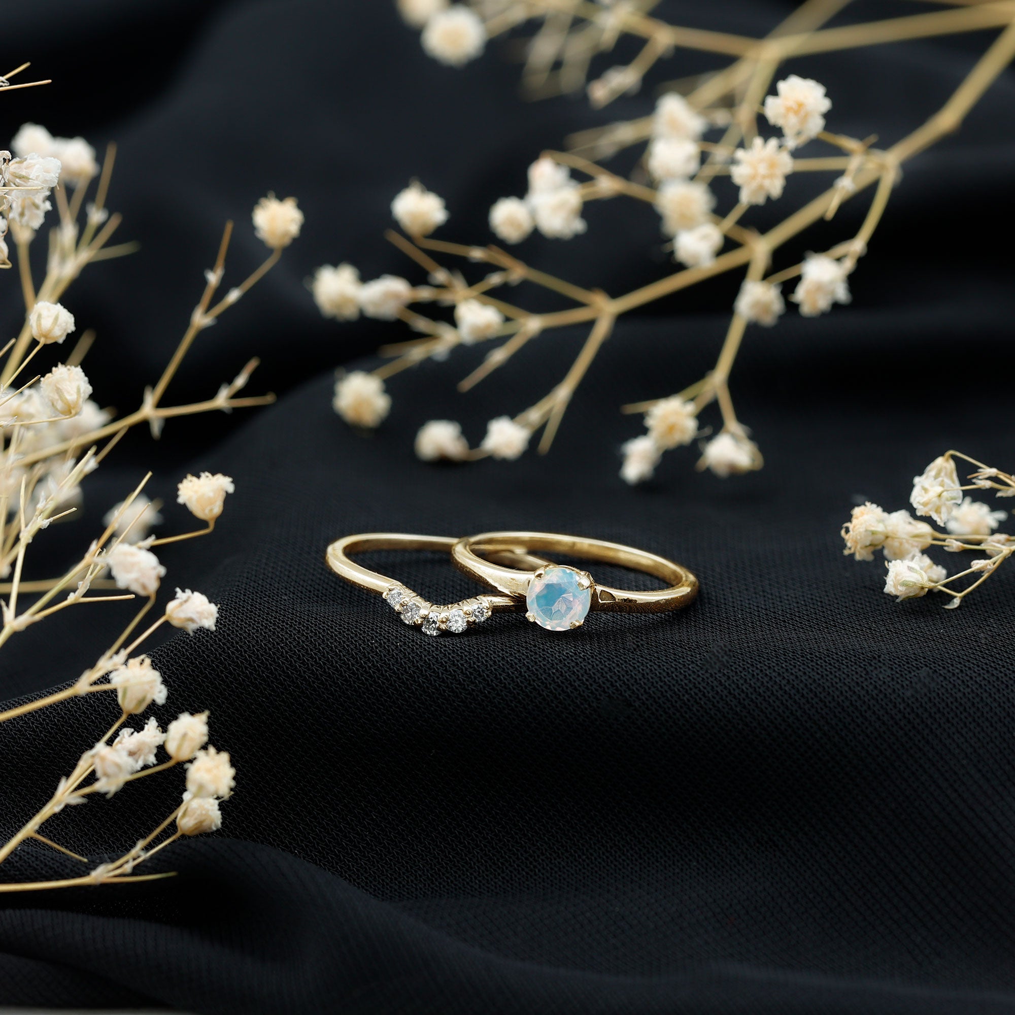 Minimal Ethiopian Opal Diamond Promise Ring Set AAA - Rosec Jewels