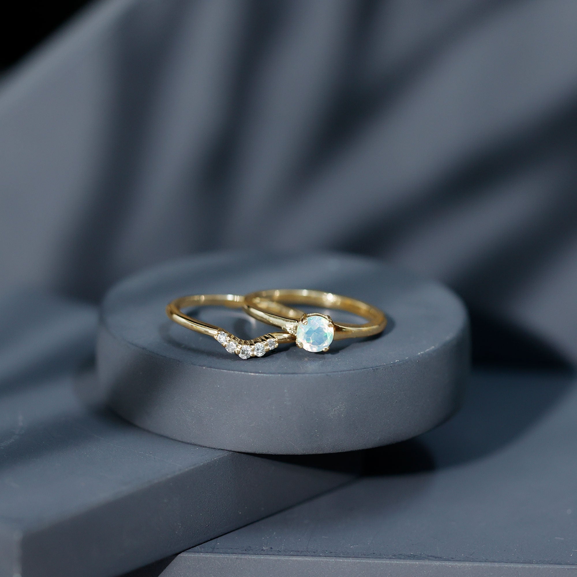 Minimal Ethiopian Opal Diamond Promise Ring Set AAA - Rosec Jewels