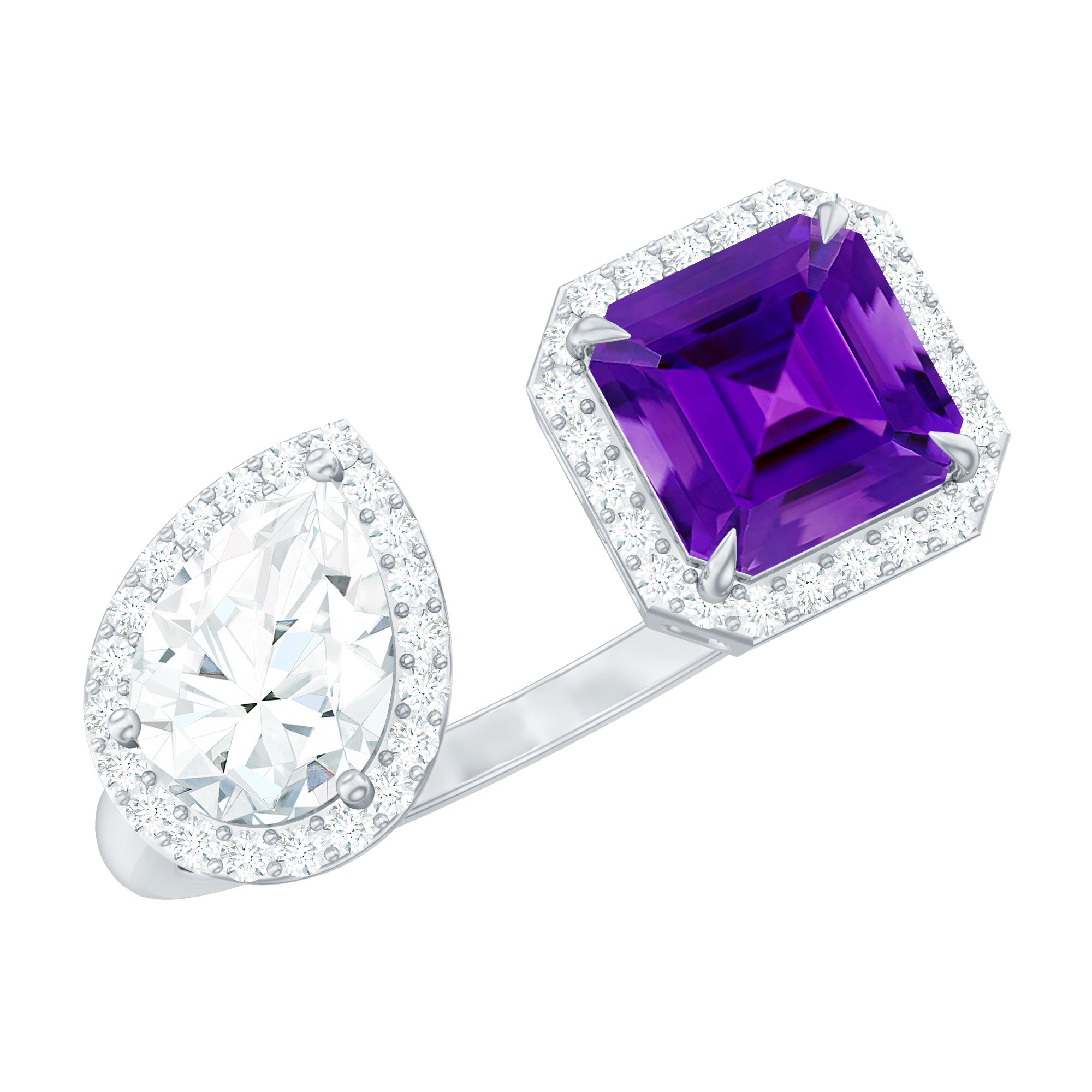 Amethyst and Moissanite Two Stone Cuff Ring