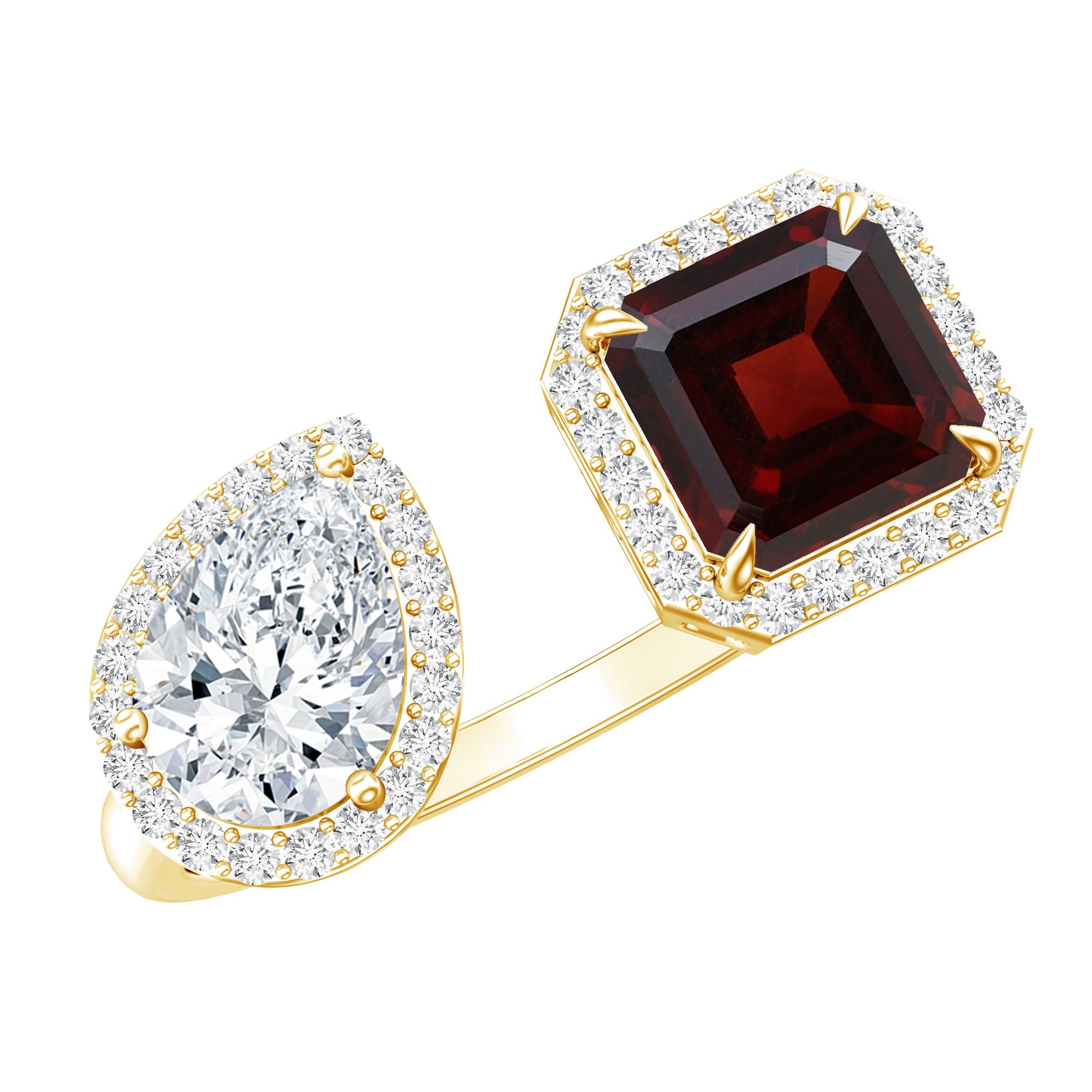 Natural Garnet Toi Et Moi Engagement Ring with Moissanite in Yellow Gold Plated Silver AAA 14K Yellow Gold Plated Silver - Rosec Jewels