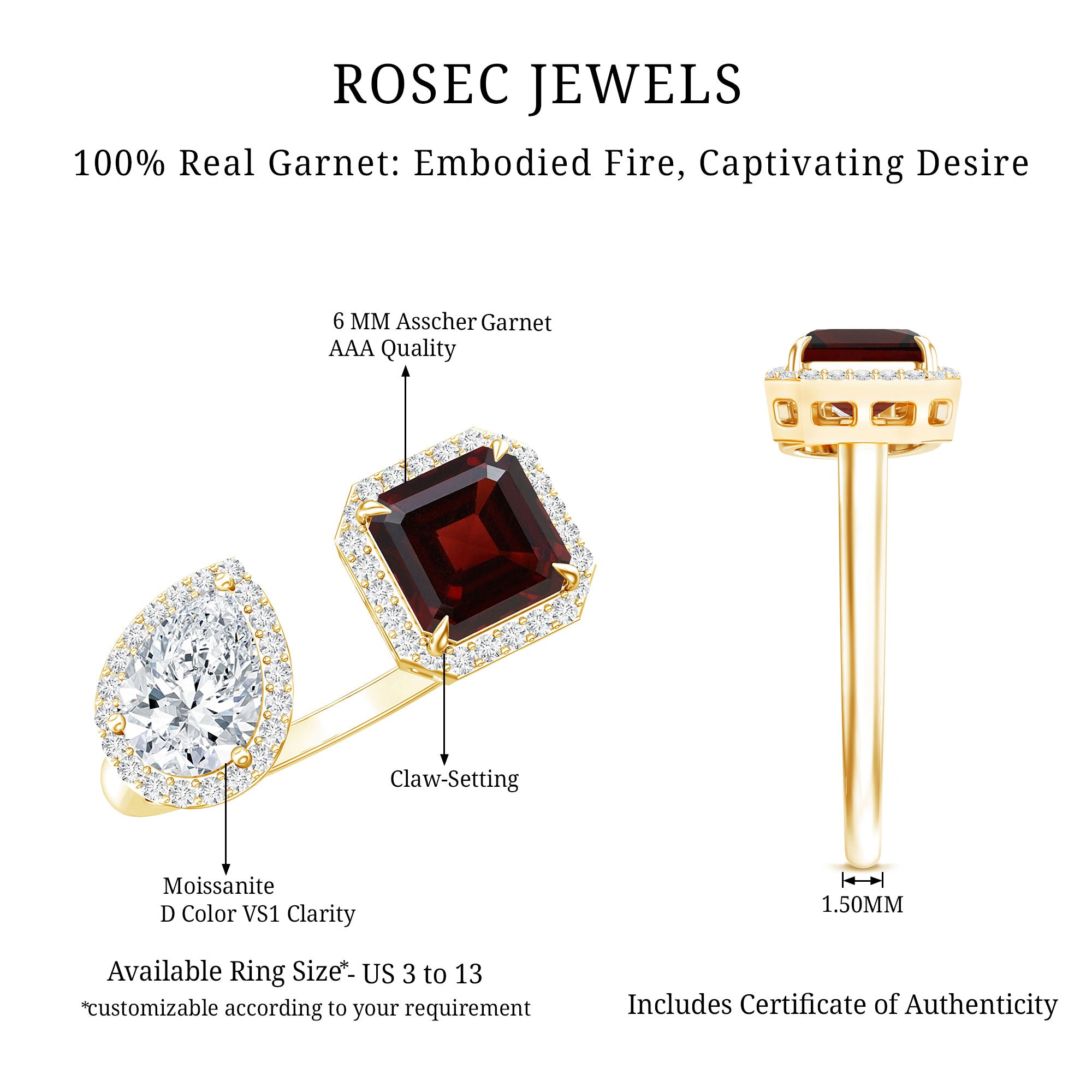 Natural Garnet Toi Et Moi Engagement Ring with Moissanite in Yellow Gold Plated Silver AAA 14K Yellow Gold Plated Silver - Rosec Jewels