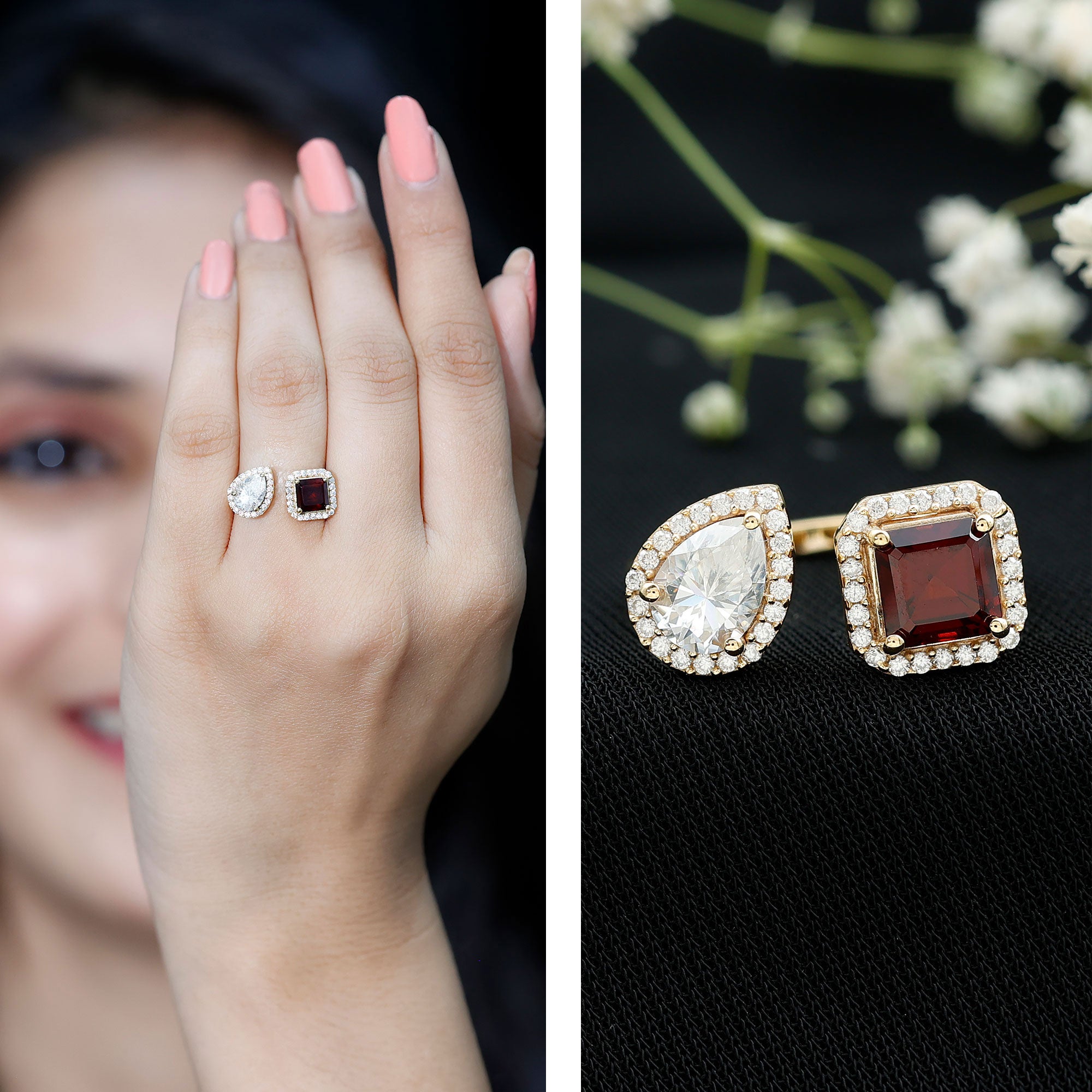 Natural Garnet Toi Et Moi Engagement Ring with Moissanite in Yellow Gold Plated Silver AAA 14K Yellow Gold Plated Silver - Rosec Jewels