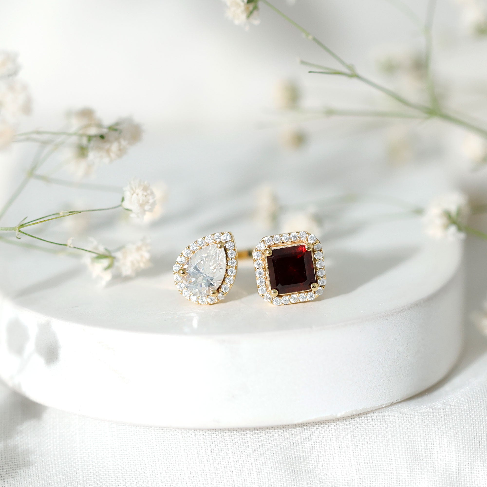 Natural Garnet Toi Et Moi Engagement Ring with Moissanite in Yellow Gold Plated Silver AAA 14K Yellow Gold Plated Silver - Rosec Jewels