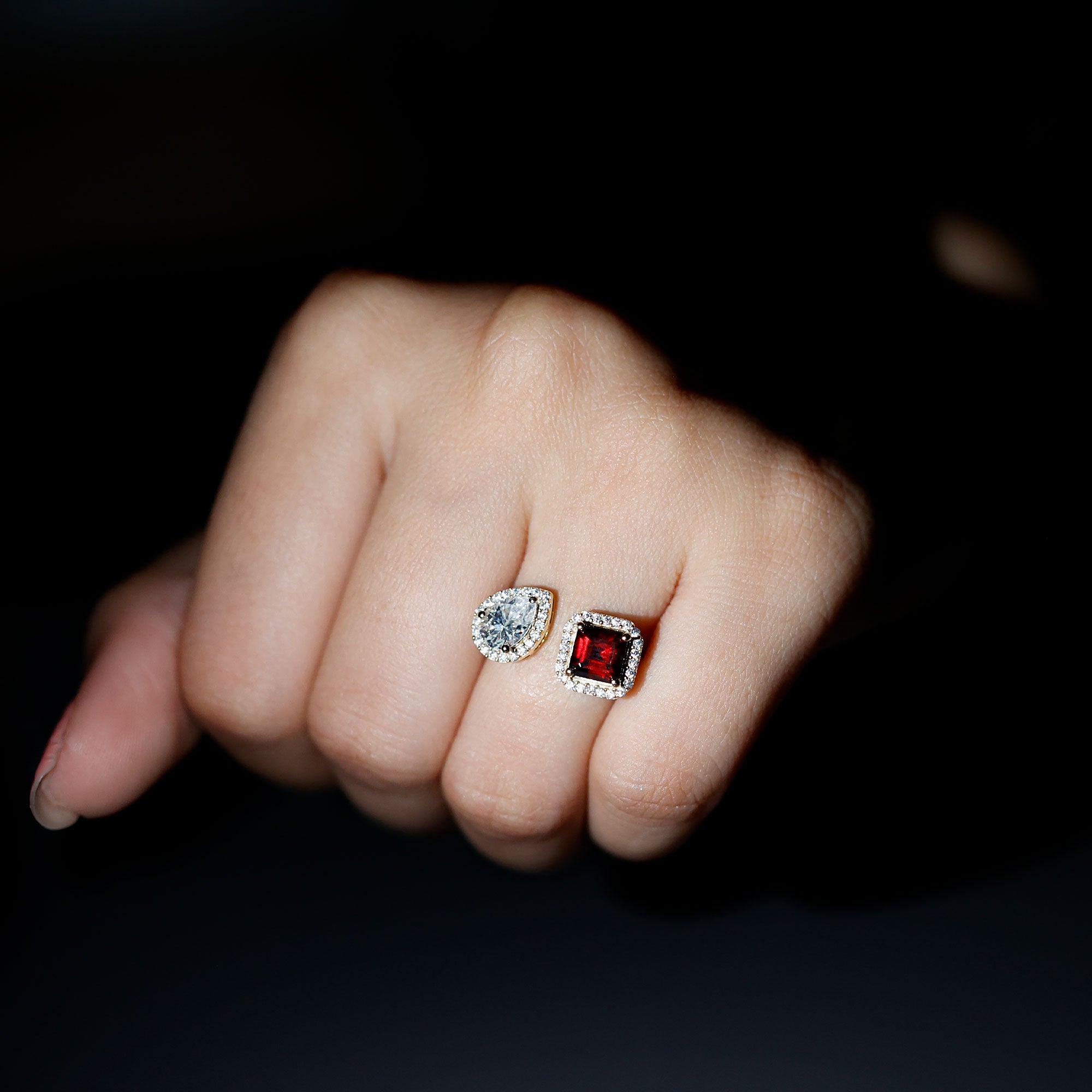 Natural Garnet Toi Et Moi Engagement Ring with Moissanite in Yellow Gold Plated Silver AAA 14K Yellow Gold Plated Silver - Rosec Jewels