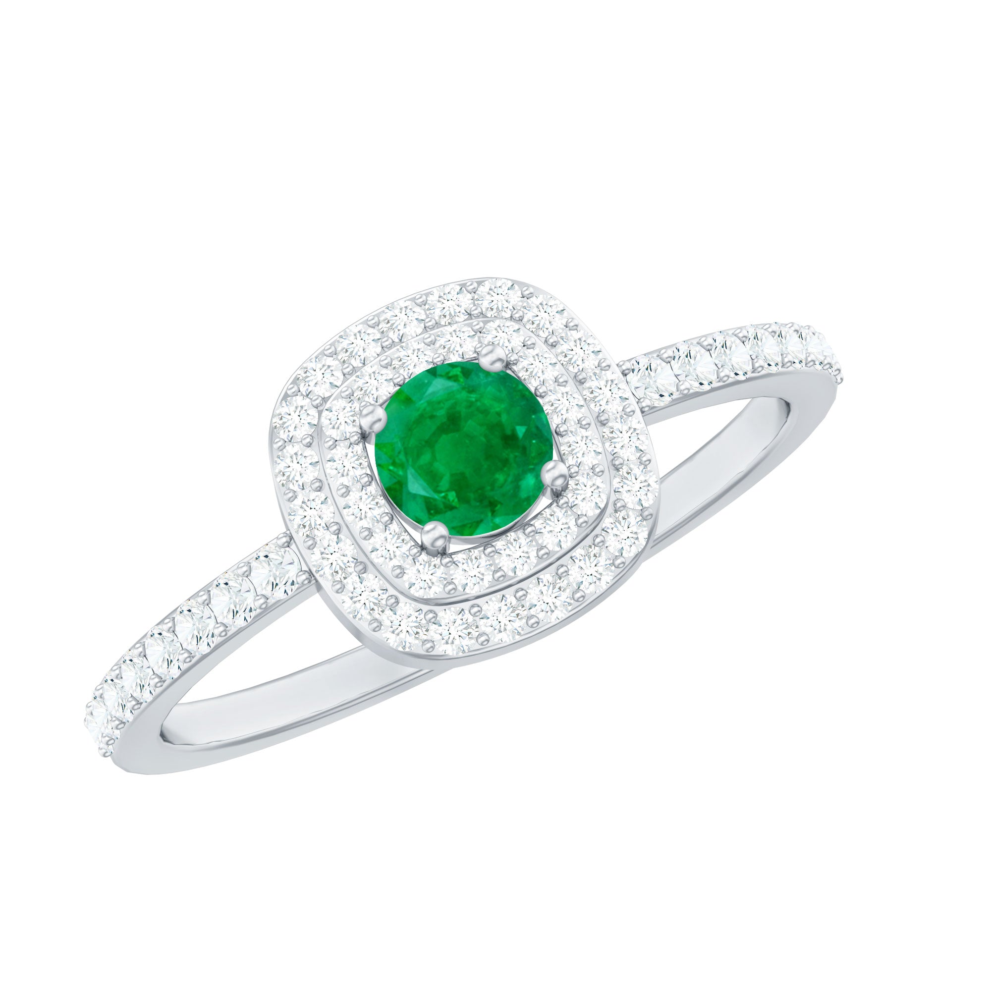 Round Emerald and Diamond Double Halo Engagement Ring