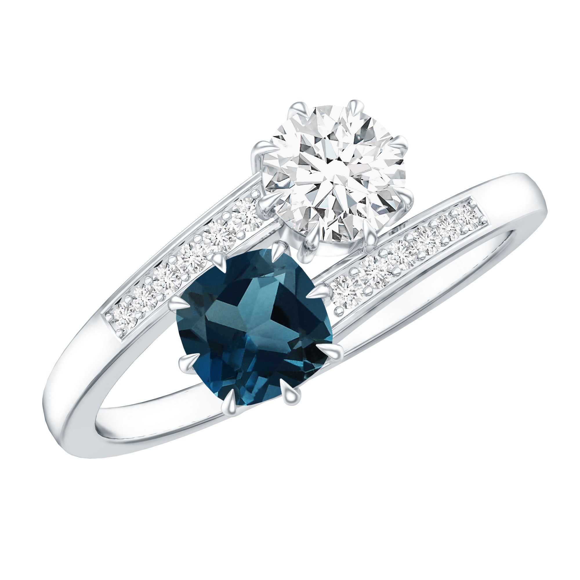 London Blue Topaz Designer Two Stone Engagement Ring in Silver AAA 92.5 Sterling Silver - Rosec Jewels